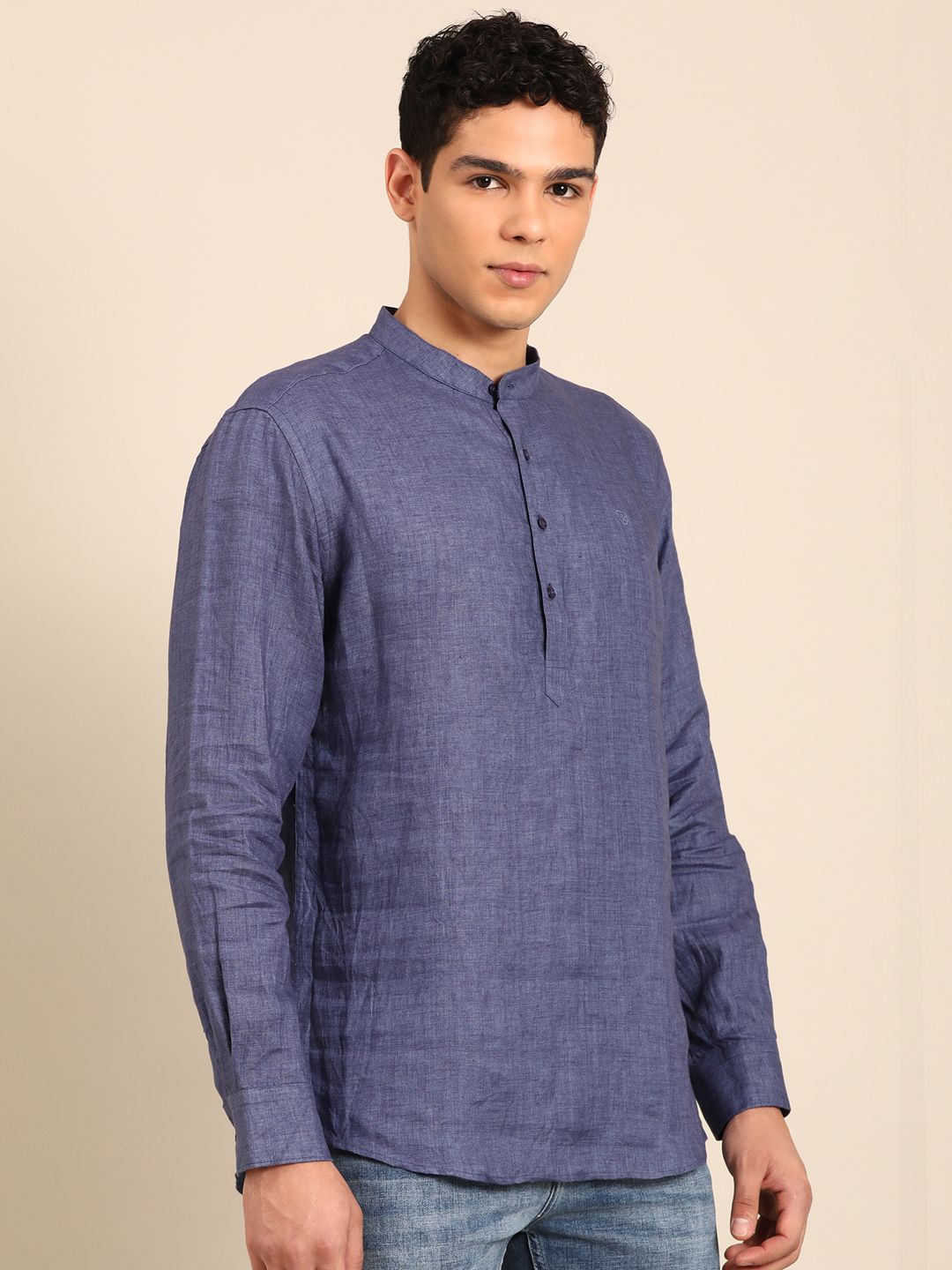 Linen Club Men's Pure Linen Navy Solid Contemporary Fit Full Sleeve Casual Shirt