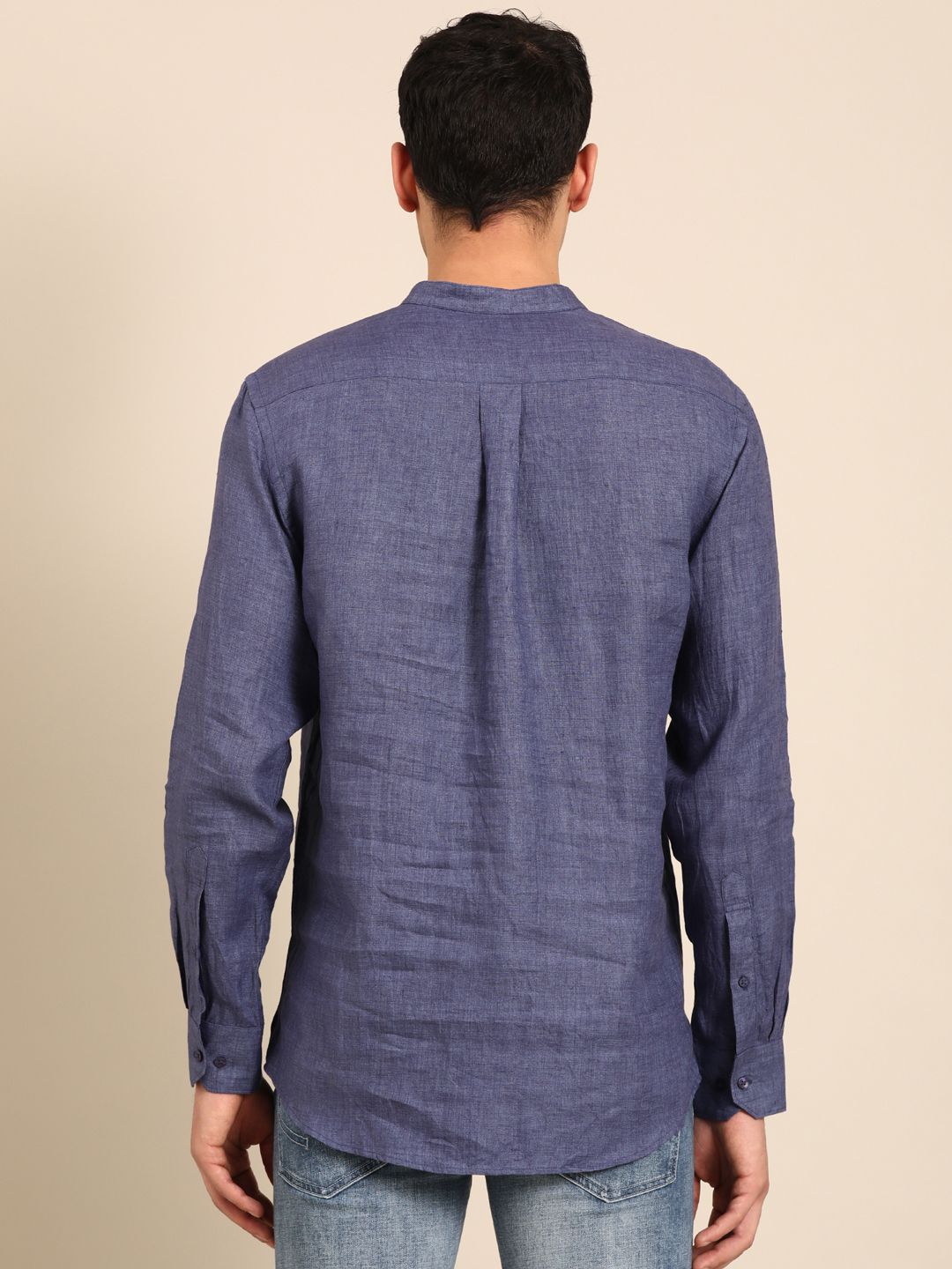 Linen Club Men's Pure Linen Navy Solid Contemporary Fit Full Sleeve Casual Shirt