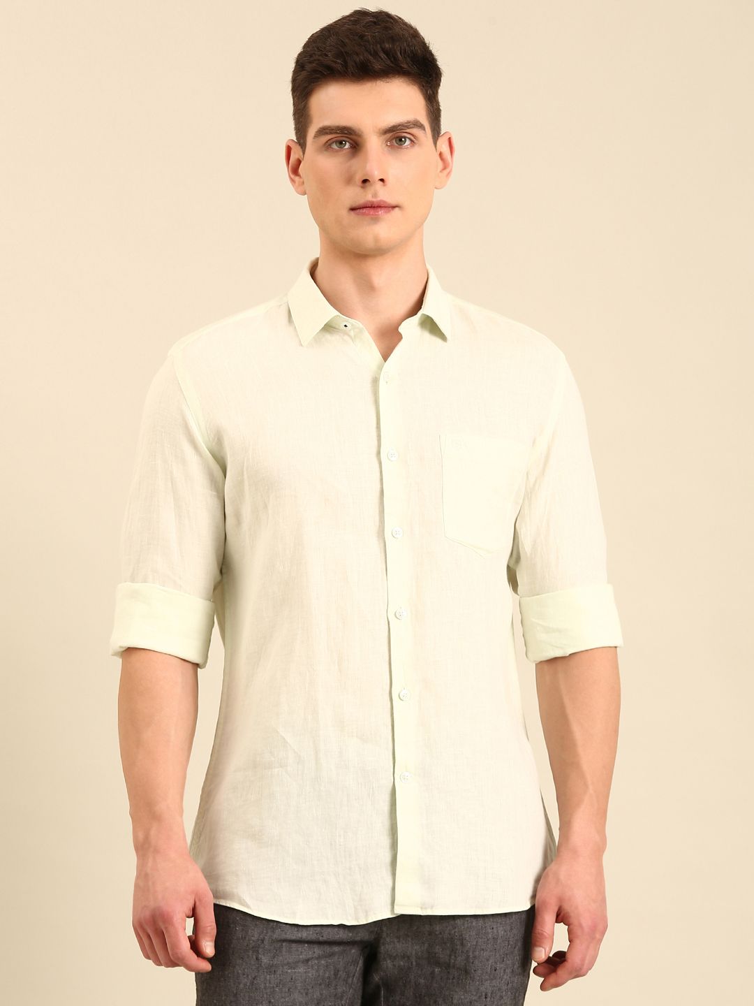 Linen Club Men's Pure Linen Light Green Solid Contemporary Fit Full Sleeve Casual Shirt