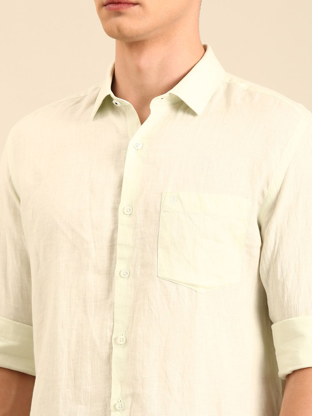 Linen Club Men's Pure Linen Light Green Solid Contemporary Fit Full Sleeve Casual Shirt