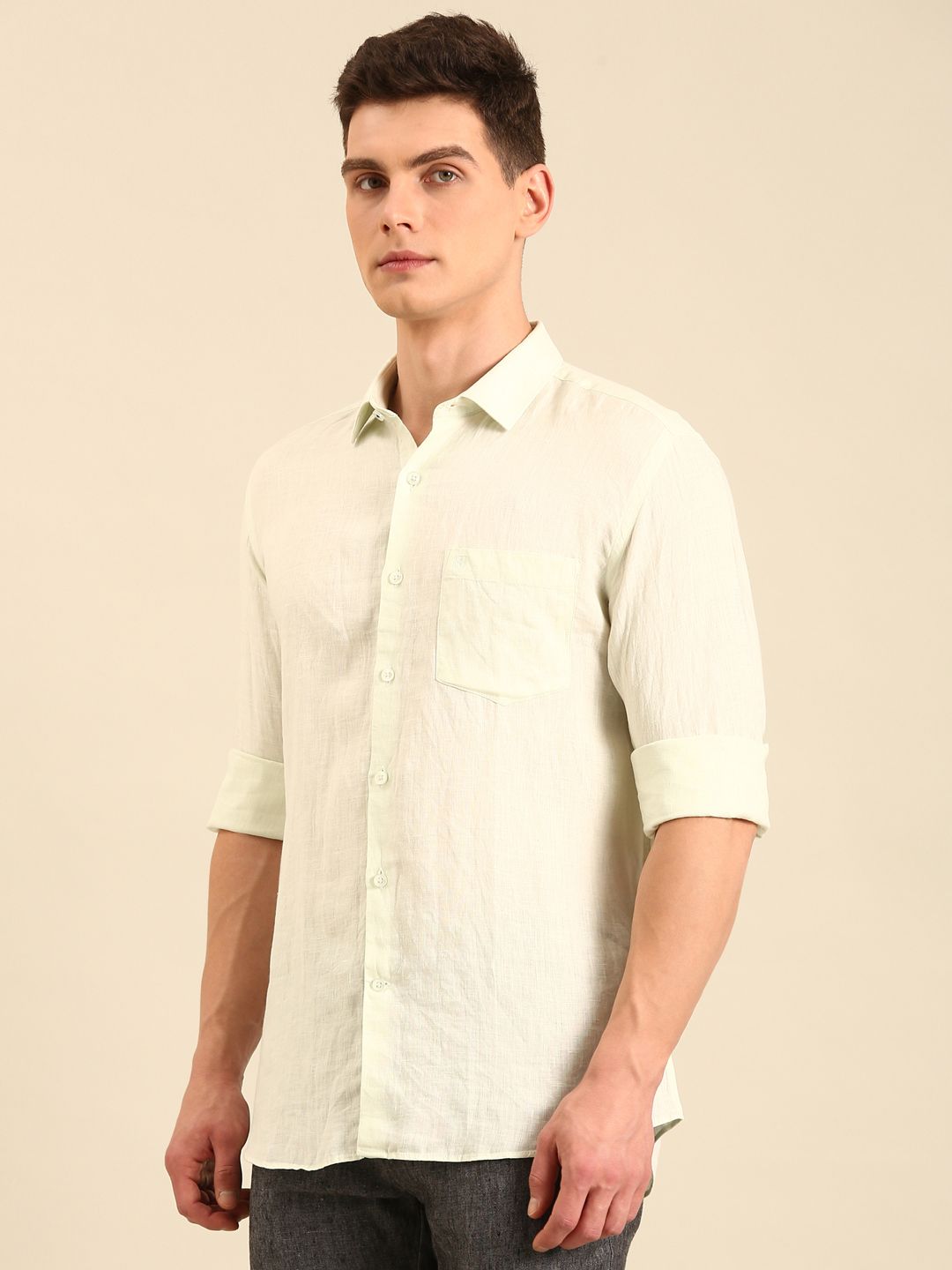 Linen Club Men's Pure Linen Light Green Solid Contemporary Fit Full Sleeve Casual Shirt