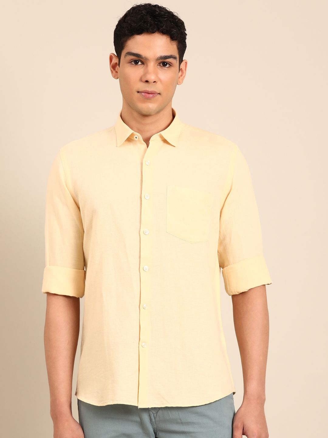 Linen Club Men's Linen Rich Yellow Solid Contemporary Fit Full Sleeve Casual Shirt