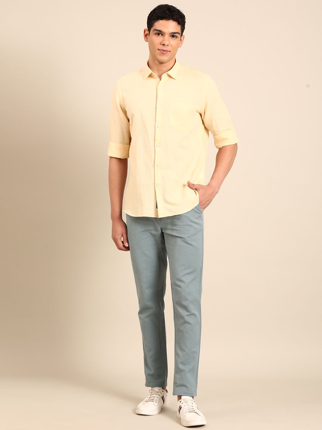 Linen Club Men's Linen Rich Yellow Solid Contemporary Fit Full Sleeve Casual Shirt