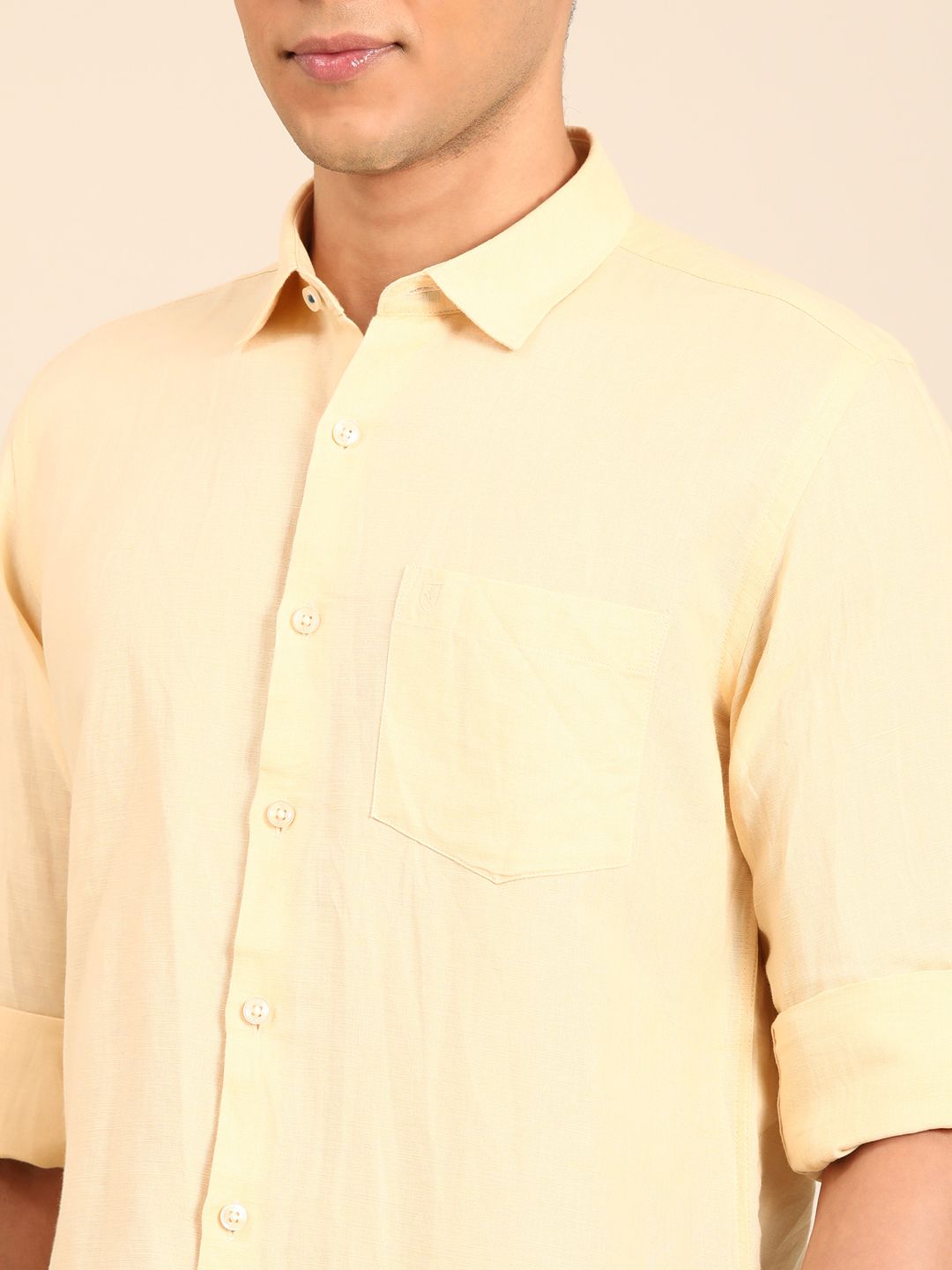 Linen Club Men's Linen Rich Yellow Solid Contemporary Fit Full Sleeve Casual Shirt