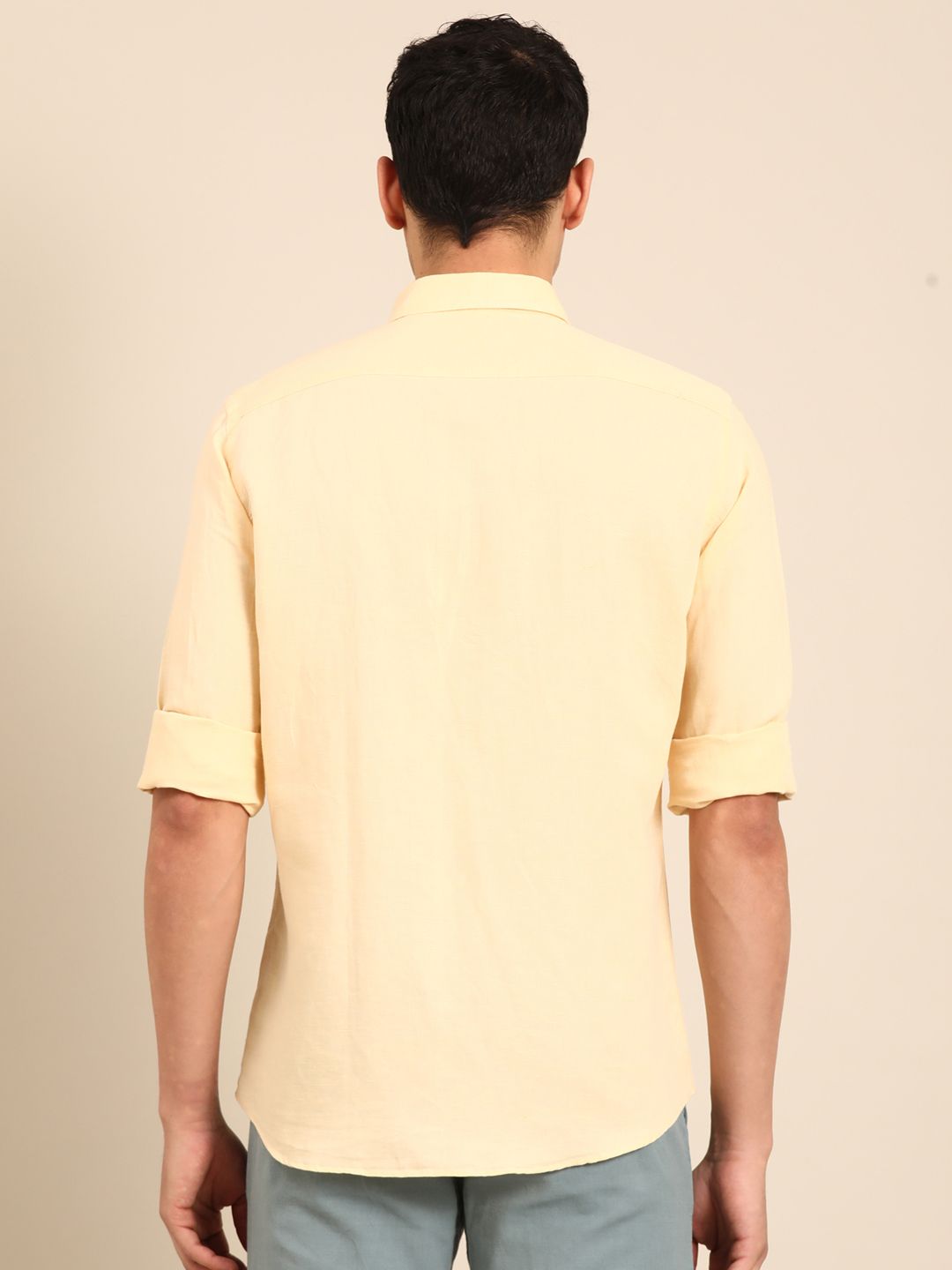 Linen Club Men's Linen Rich Yellow Solid Contemporary Fit Full Sleeve Casual Shirt