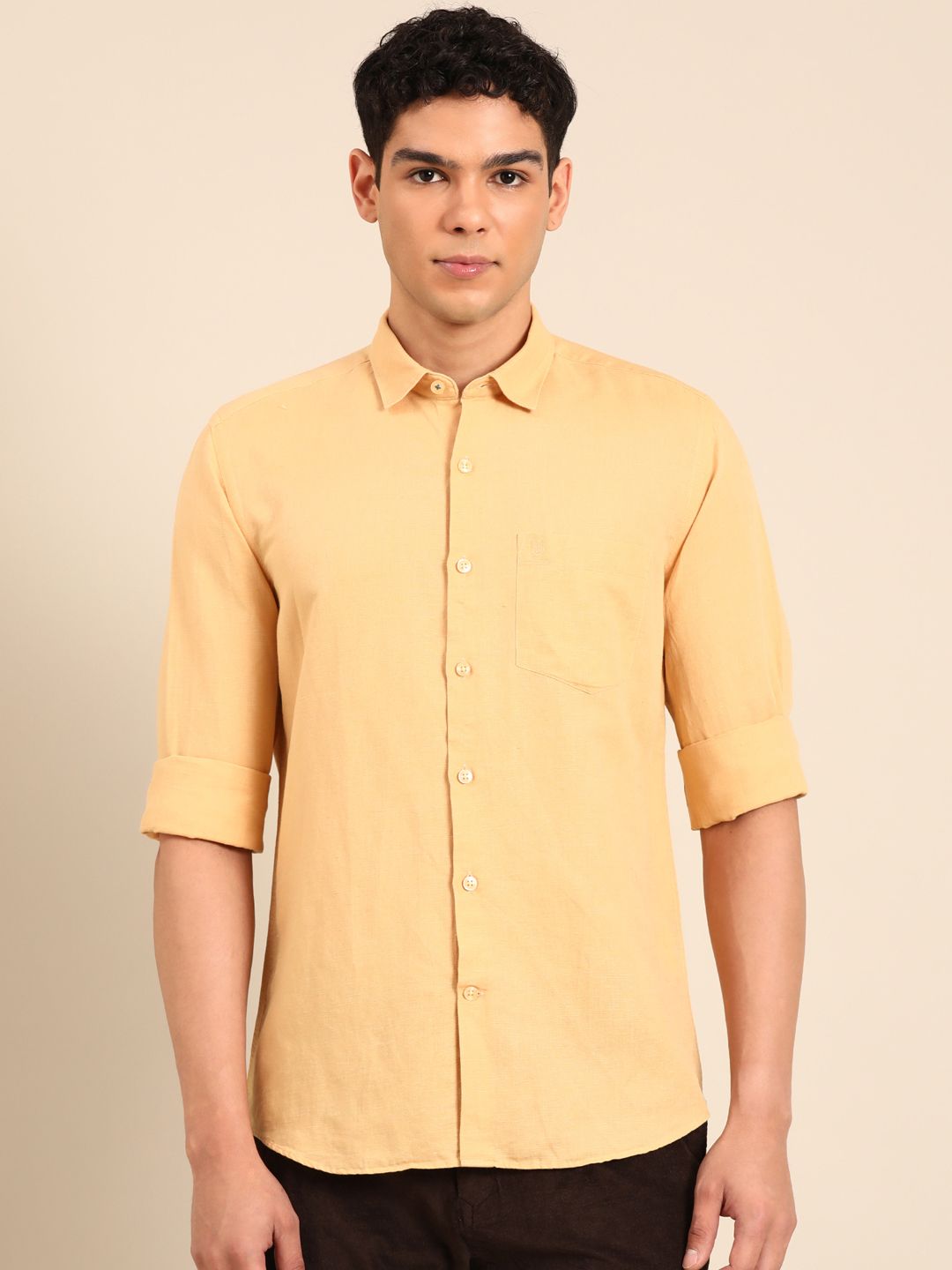 Linen Club Men's Linen Rich Yellow Solid Contemporary Fit Full Sleeve Casual Shirt