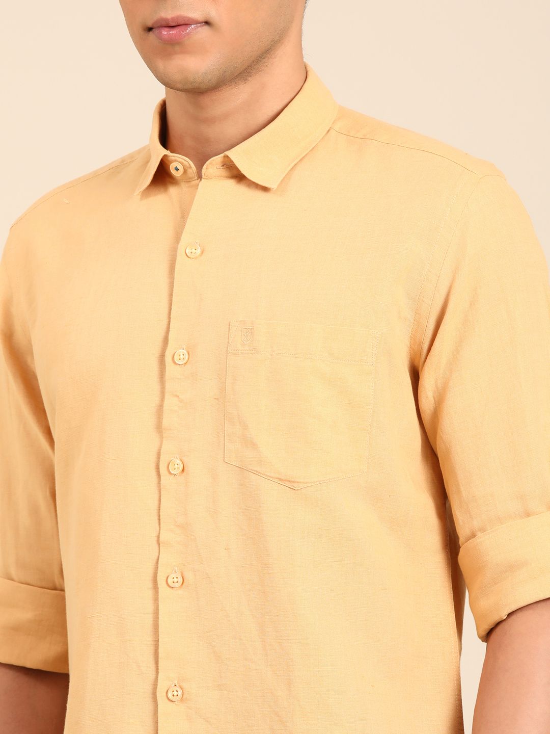 Linen Club Men's Linen Rich Yellow Solid Contemporary Fit Full Sleeve Casual Shirt