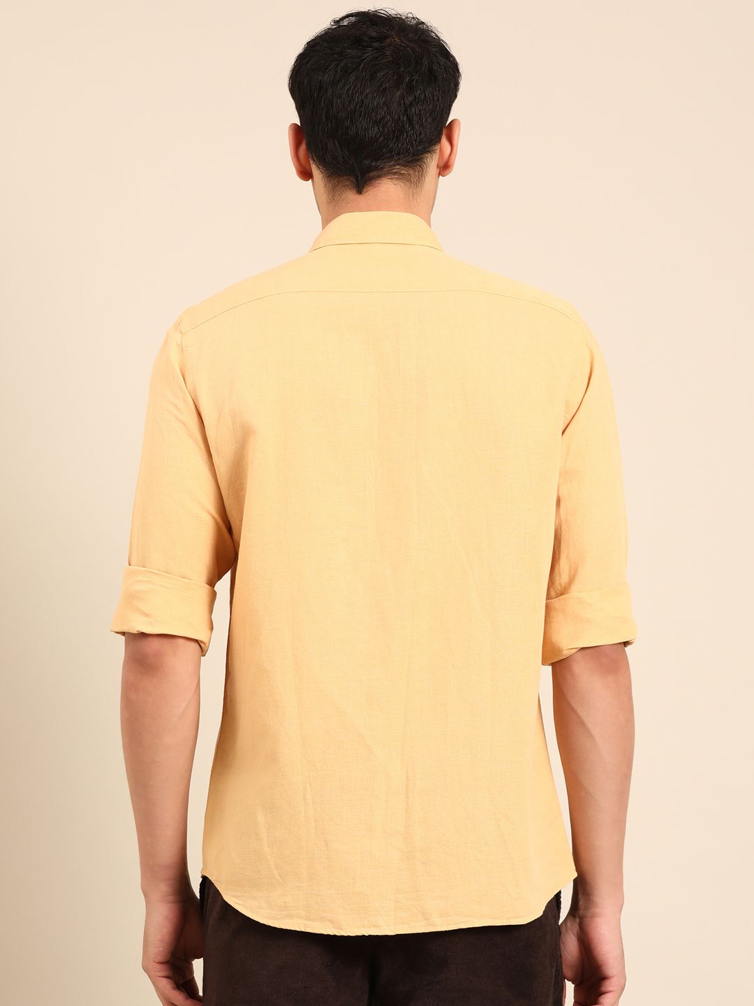 Linen Club Men's Linen Rich Yellow Solid Contemporary Fit Full Sleeve Casual Shirt