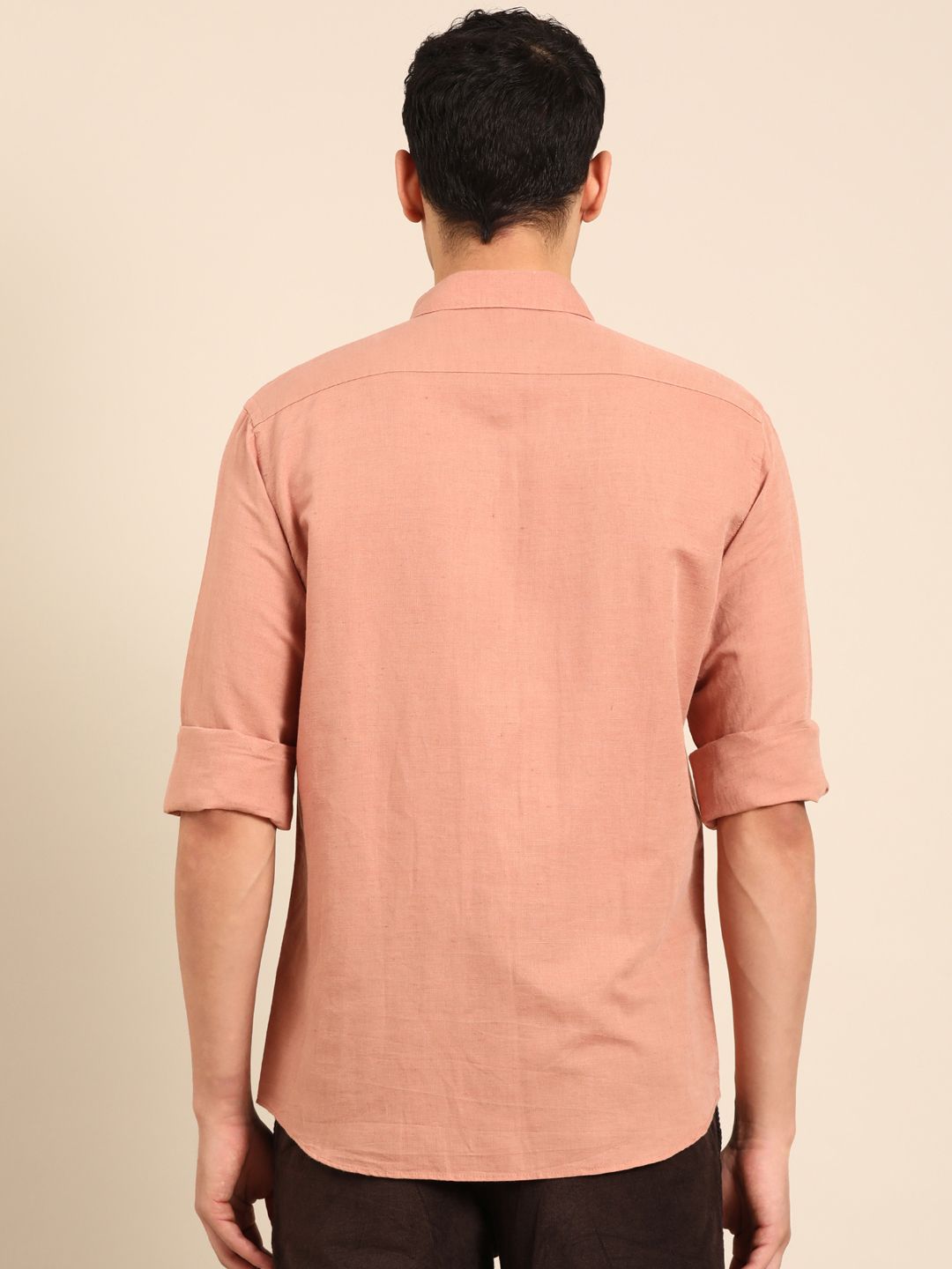 Linen Club Men's Linen Rich Peach Solid Contemporary Fit Full Sleeve Casual Shirt