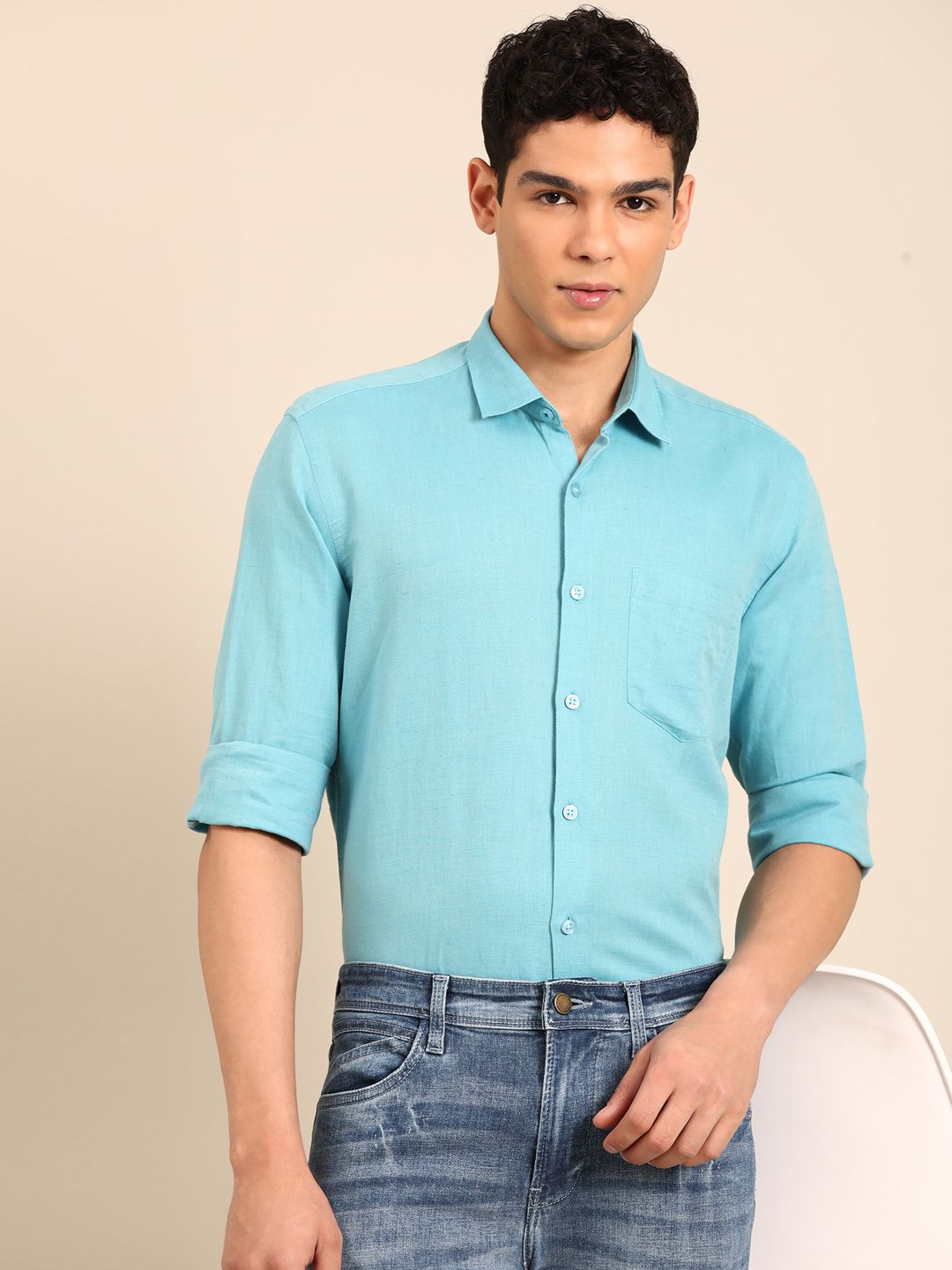Linen Club Men's Linen Rich Turquoise Blue Solid Contemporary Fit Full Sleeve Casual Shirt
