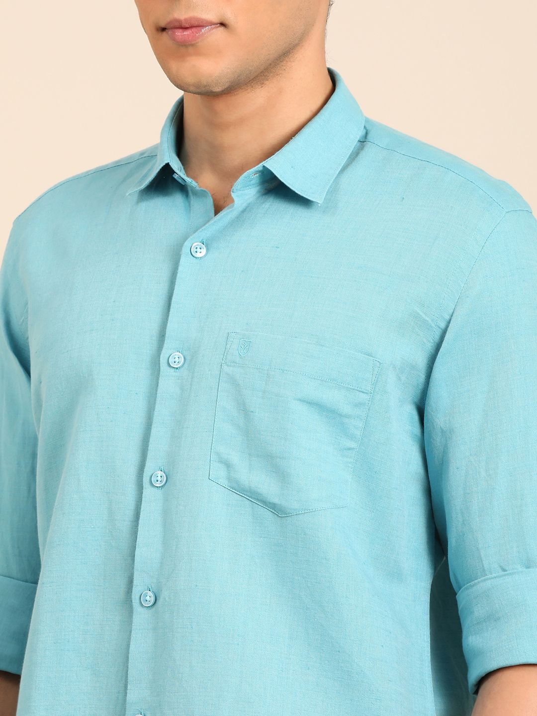 Linen Club Men's Linen Rich Turquoise Blue Solid Contemporary Fit Full Sleeve Casual Shirt