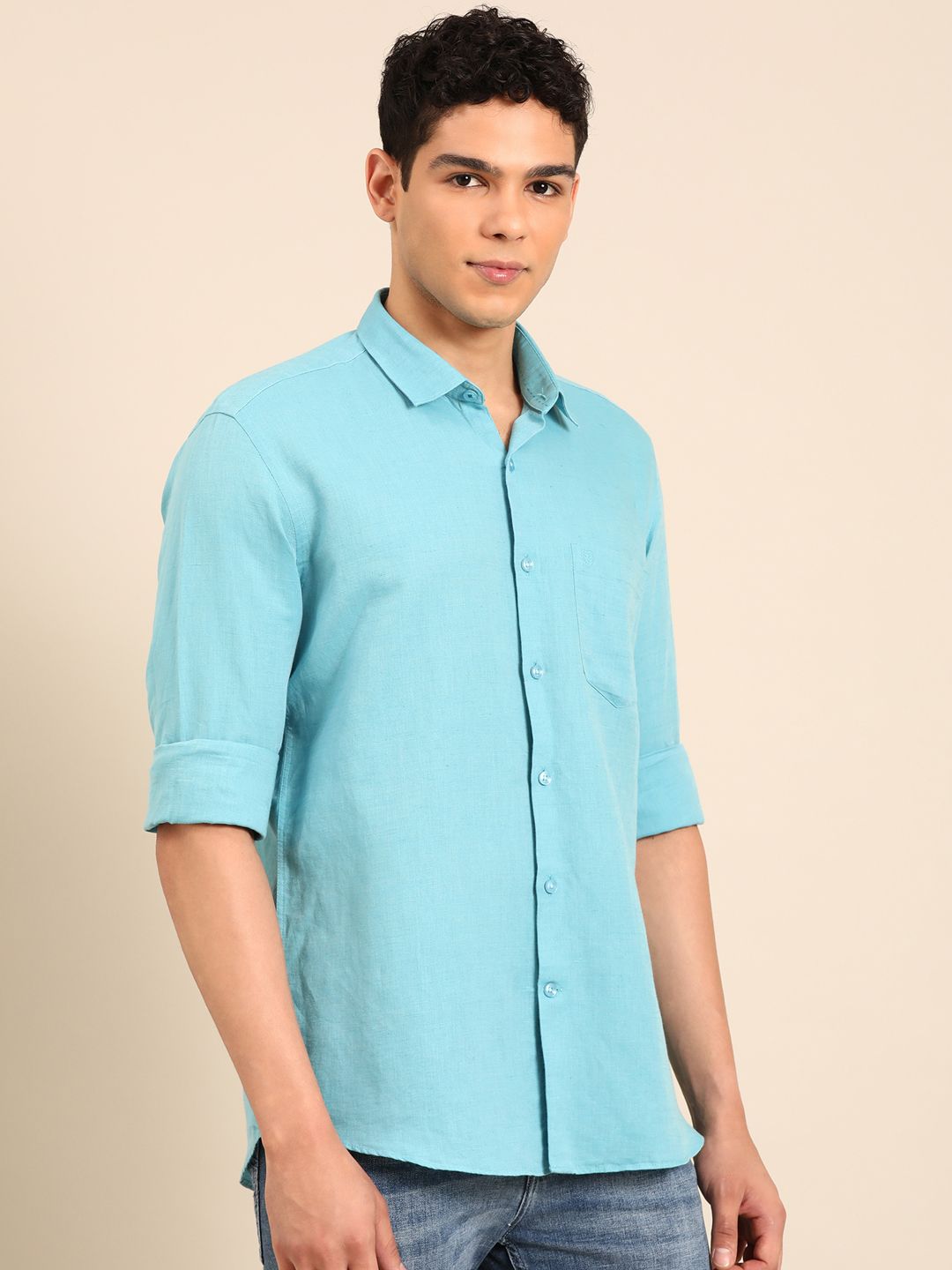 Linen Club Men's Linen Rich Turquoise Blue Solid Contemporary Fit Full Sleeve Casual Shirt