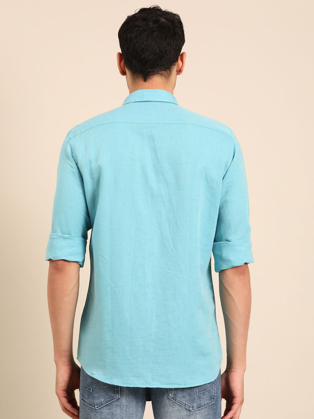 Linen Club Men's Linen Rich Turquoise Blue Solid Contemporary Fit Full Sleeve Casual Shirt