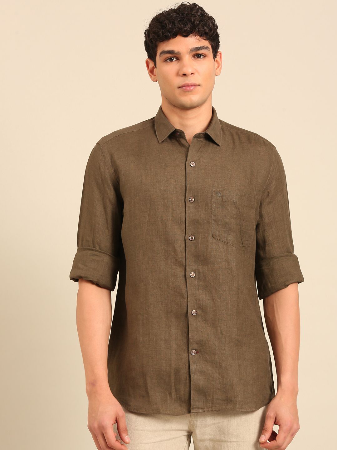 Linen Club Men's Full Sleeve Contemporary Fit Pure Linen Solid Shirt LCSFSD911D043