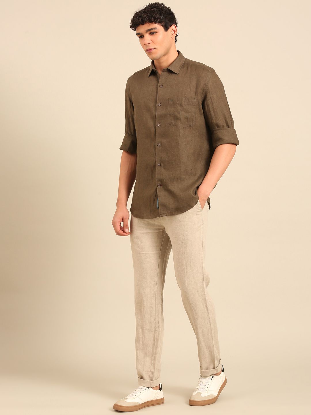 Linen Club Men's Full Sleeve Contemporary Fit Pure Linen Solid Shirt LCSFSD911D043