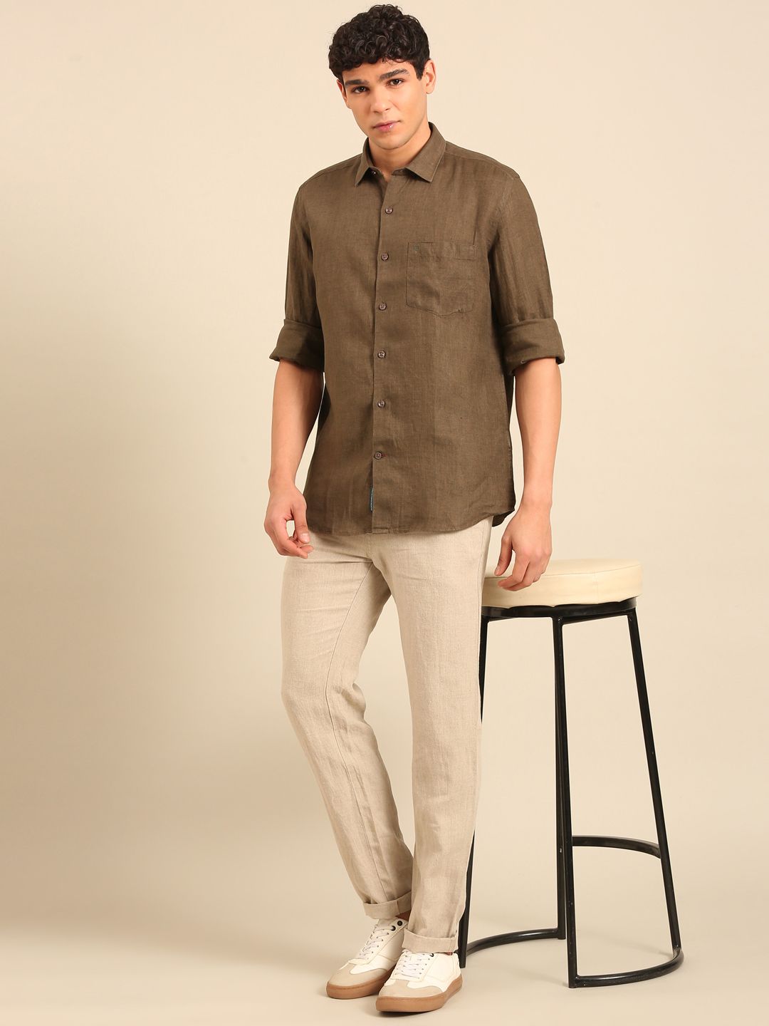 Linen Club Men's Full Sleeve Contemporary Fit Pure Linen Solid Shirt LCSFSD911D043
