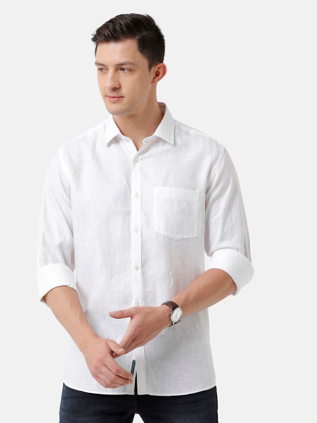 Linen Club Men's Pure Linen White Solid Regular Fit Casual Shirt LCSFSDN010003