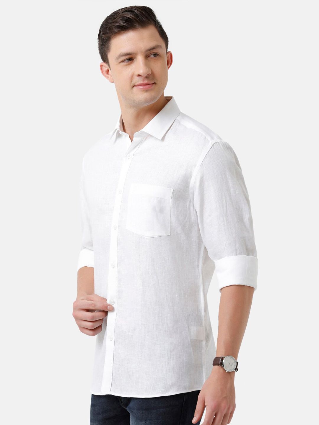 Linen Club Men's Pure Linen White Solid Regular Fit Casual Shirt LCSFSDN010003