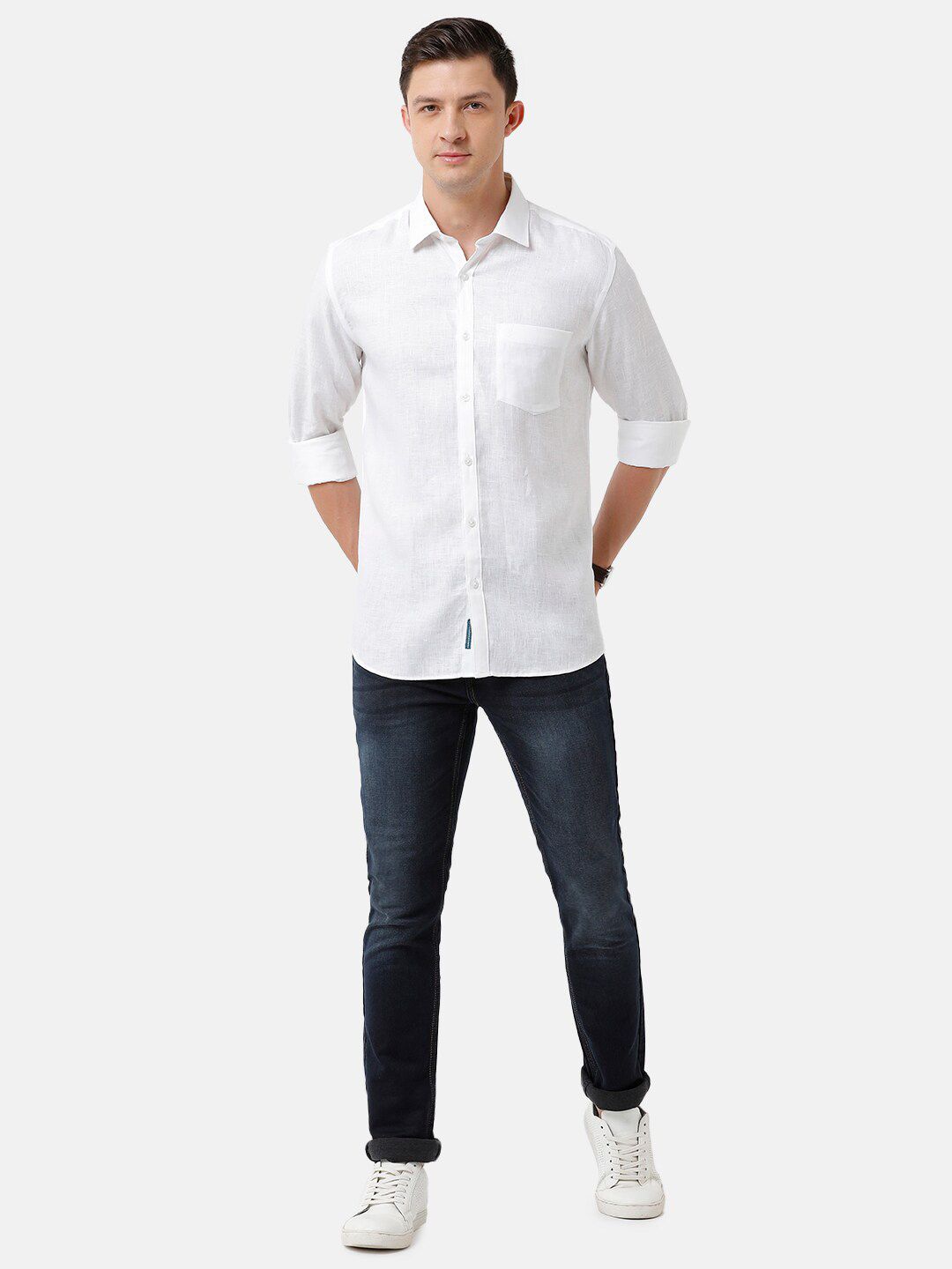 Linen Club Men's Pure Linen White Solid Regular Fit Casual Shirt LCSFSDN010003