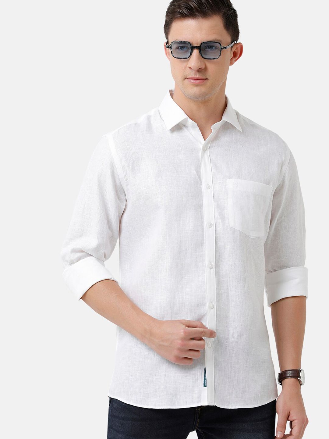 Linen Club Men's Pure Linen White Solid Regular Fit Casual Shirt LCSFSDN010003