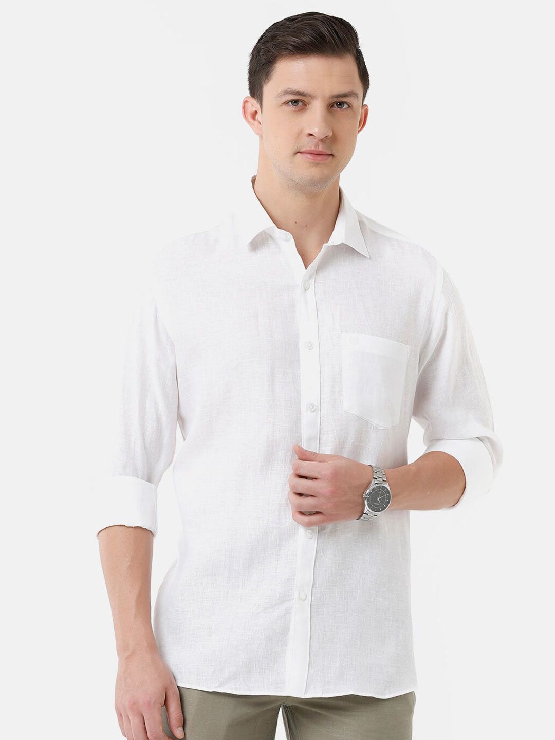 Linen Club Men's Pure Linen White Solid Regular Fit Casual Shirt LCSFSDN010007