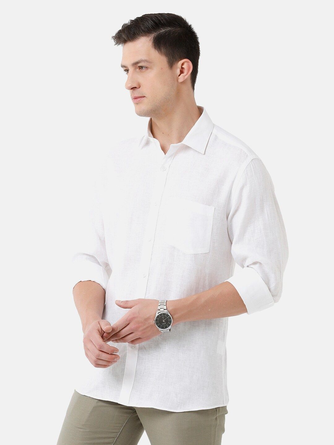Linen Club Men's Pure Linen White Solid Regular Fit Casual Shirt LCSFSDN010007