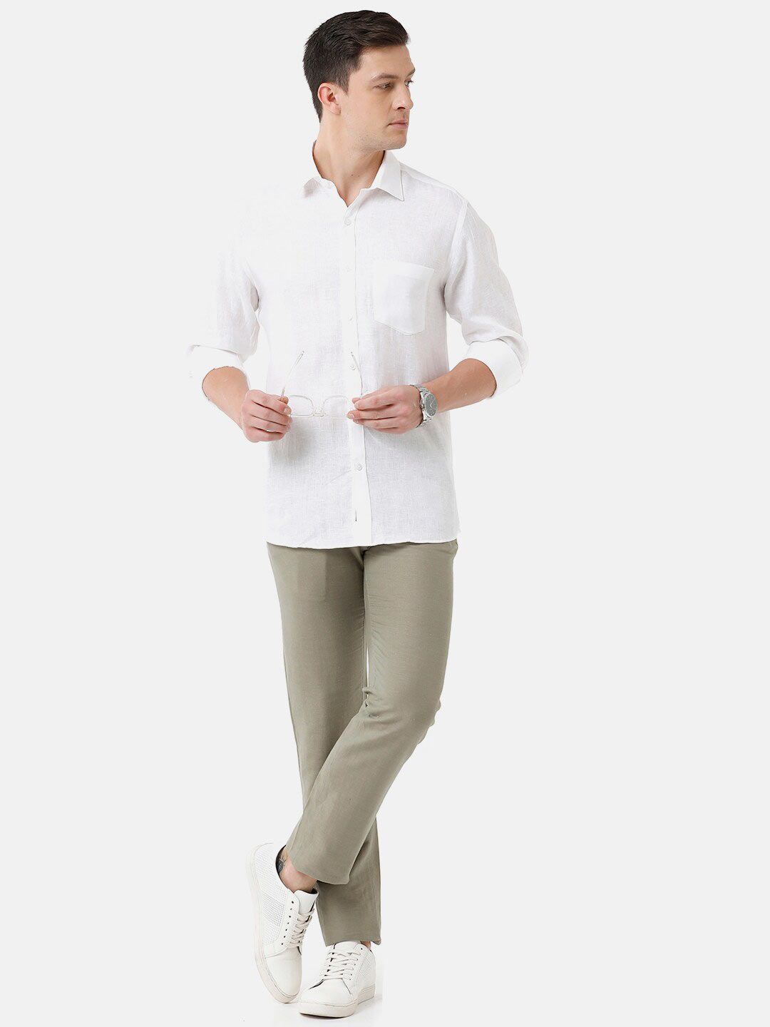 Linen Club Men's Pure Linen White Solid Regular Fit Casual Shirt LCSFSDN010007