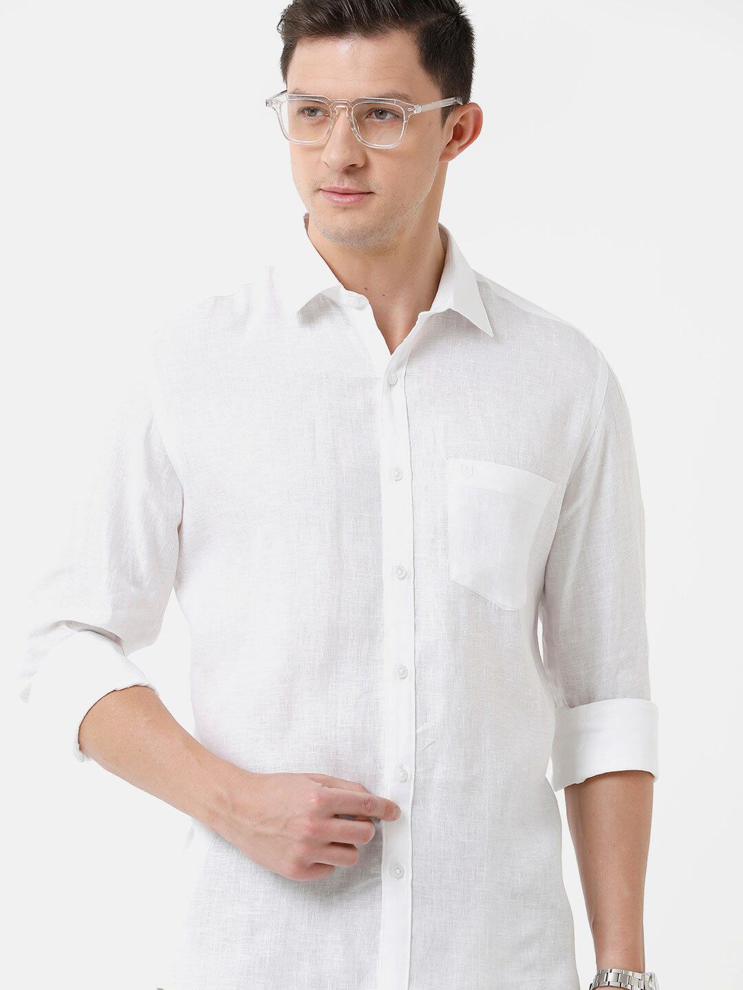 Linen Club Men's Pure Linen White Solid Regular Fit Casual Shirt LCSFSDN010007