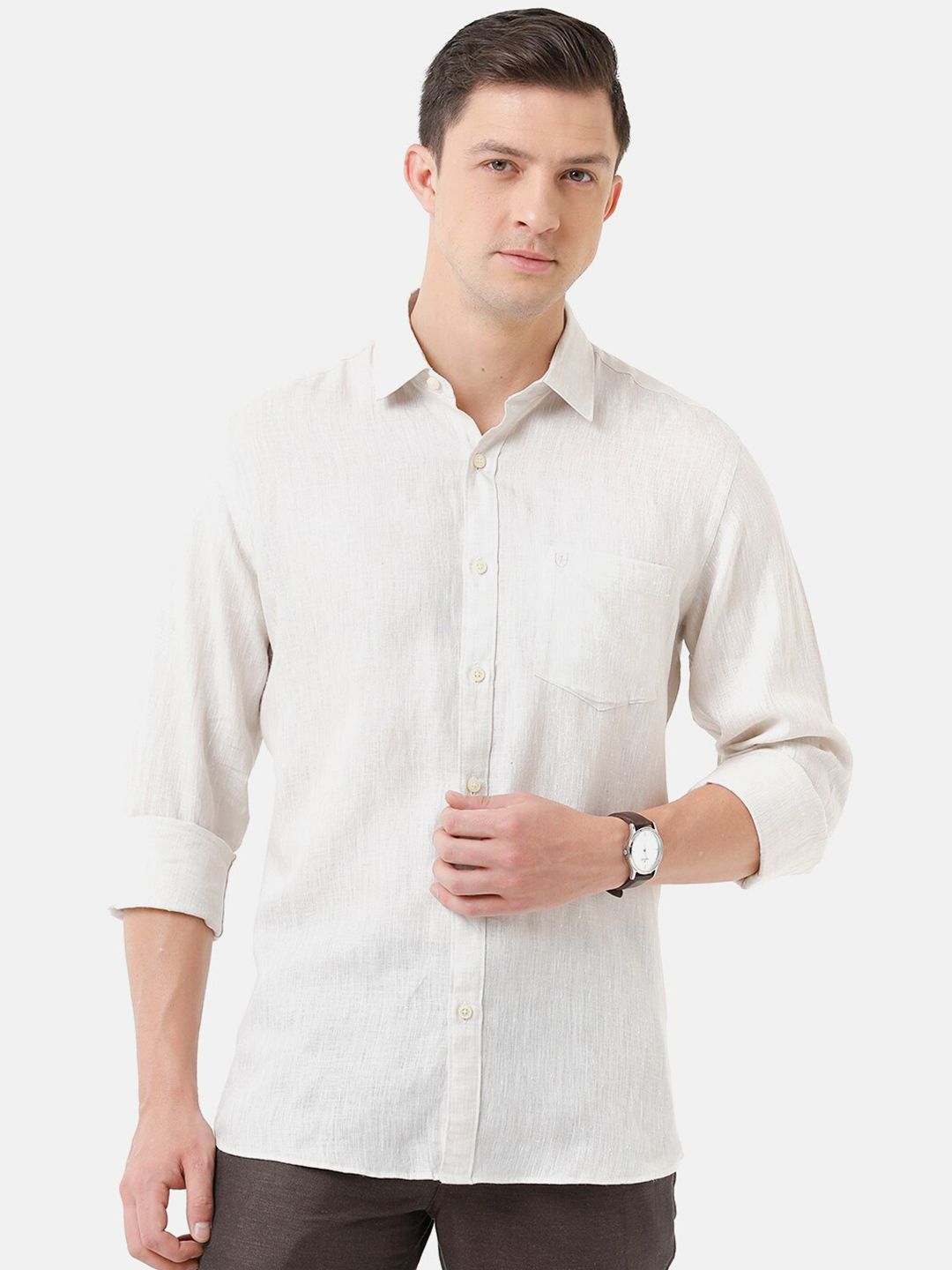 Linen Club Men's Pure Linen Cream Solid Regular Fit Casual Shirt LCSFSDN010013