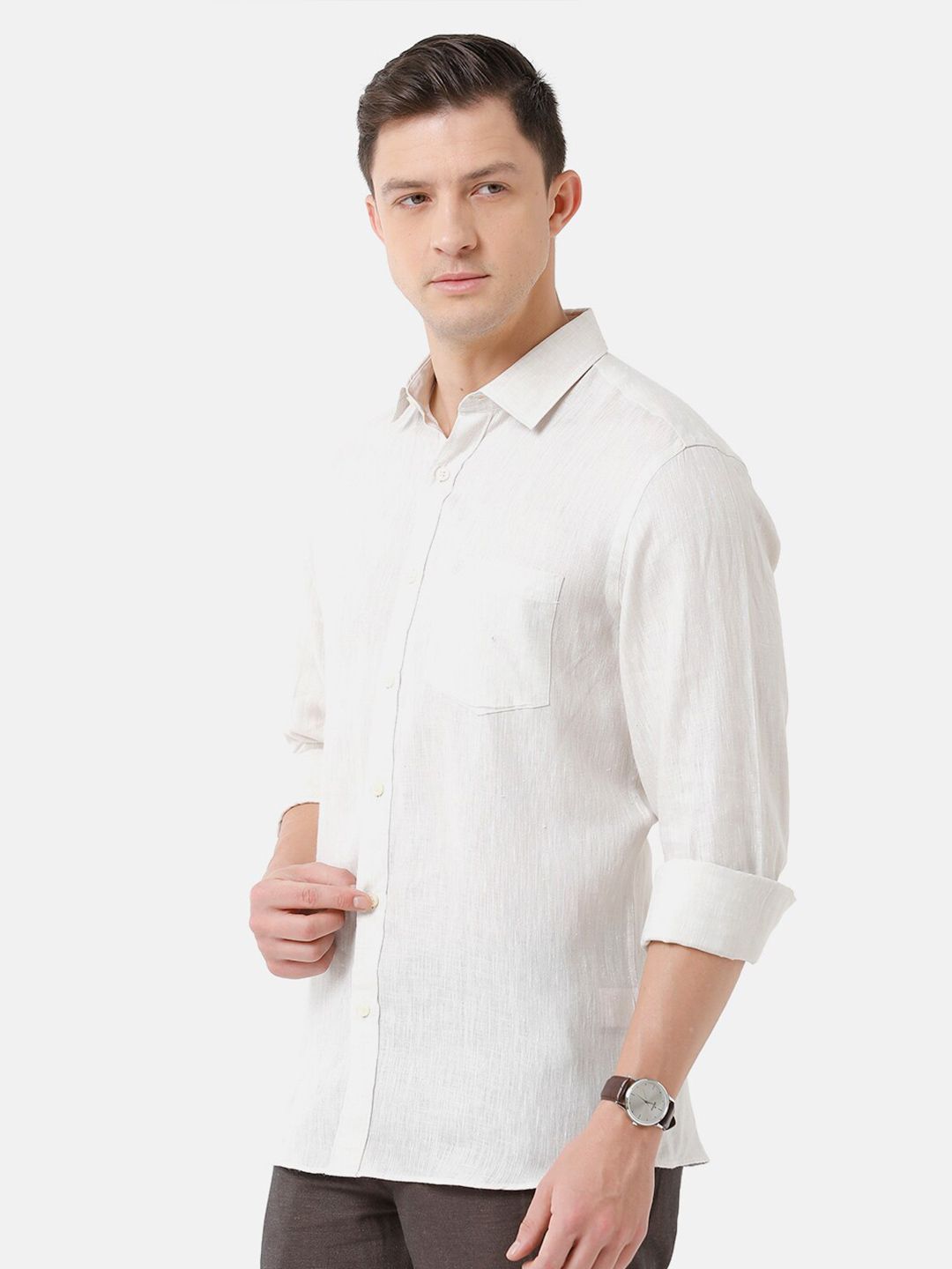 Linen Club Men's Pure Linen Cream Solid Regular Fit Casual Shirt LCSFSDN010013
