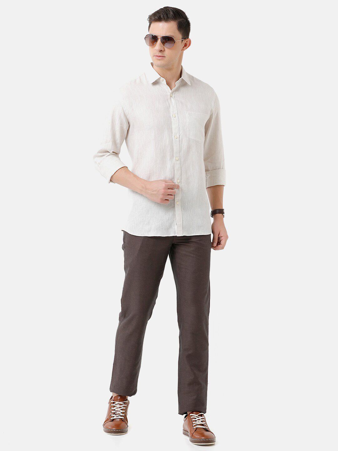 Linen Club Men's Pure Linen Cream Solid Regular Fit Casual Shirt LCSFSDN010013