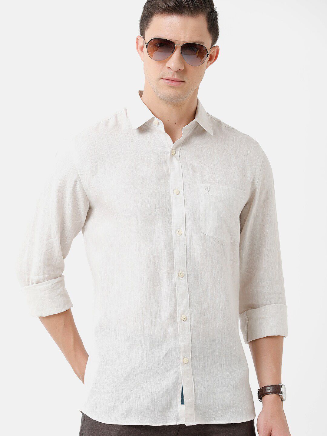 Linen Club Men's Pure Linen Cream Solid Regular Fit Casual Shirt LCSFSDN010013