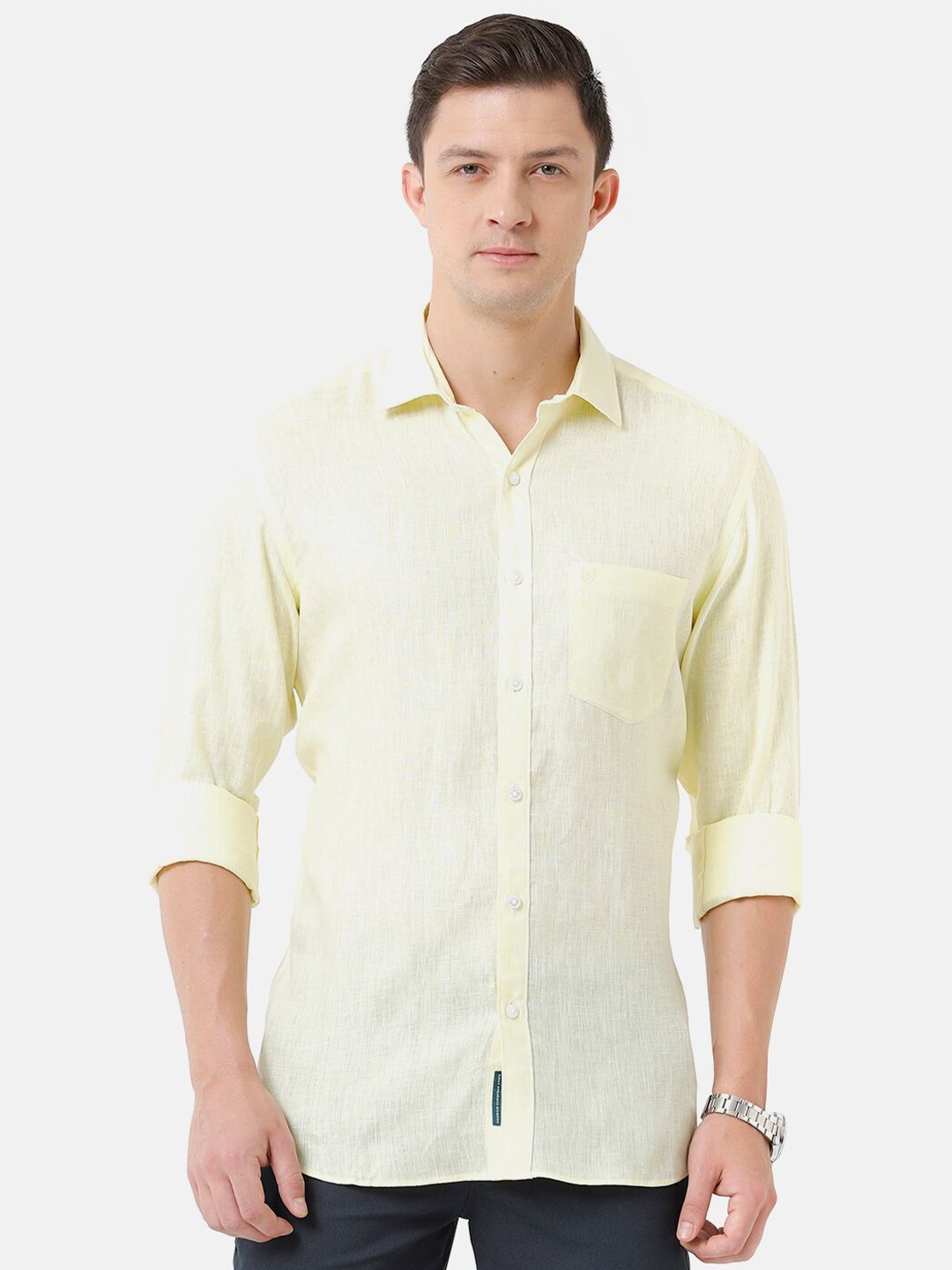 Linen Club Men's Pure Linen Light Yellow Solid Regular Fit Casual Shirt LCSFSDN010015