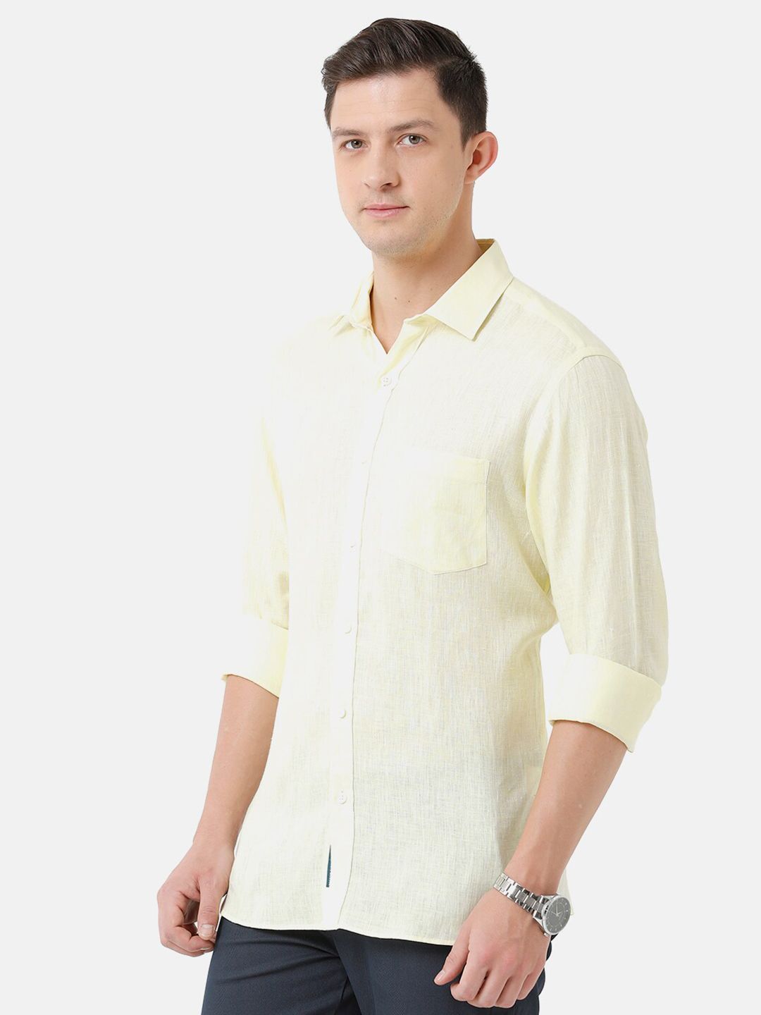 Linen Club Men's Pure Linen Light Yellow Solid Regular Fit Casual Shirt LCSFSDN010015