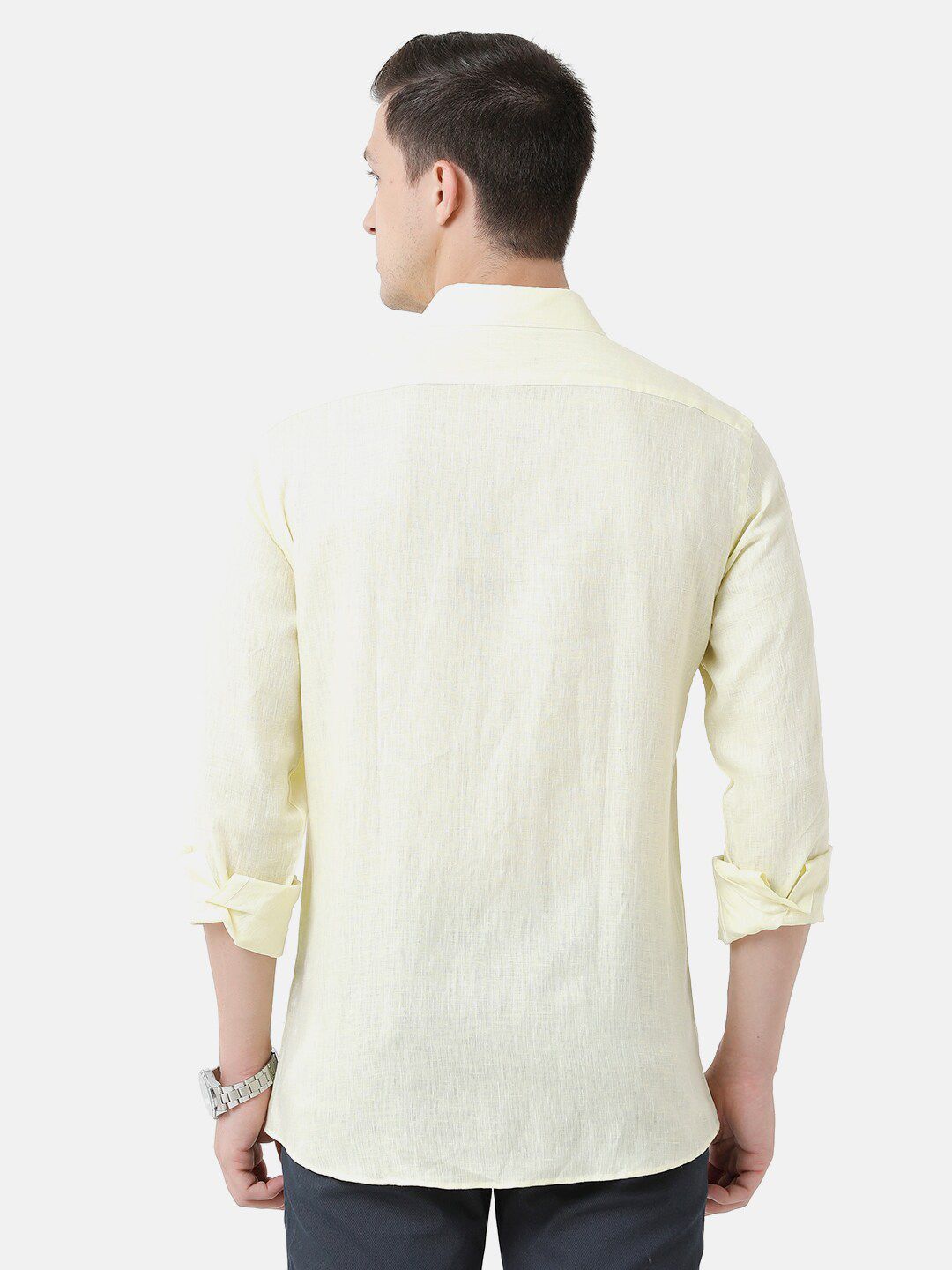 Linen Club Men's Pure Linen Light Yellow Solid Regular Fit Casual Shirt LCSFSDN010015