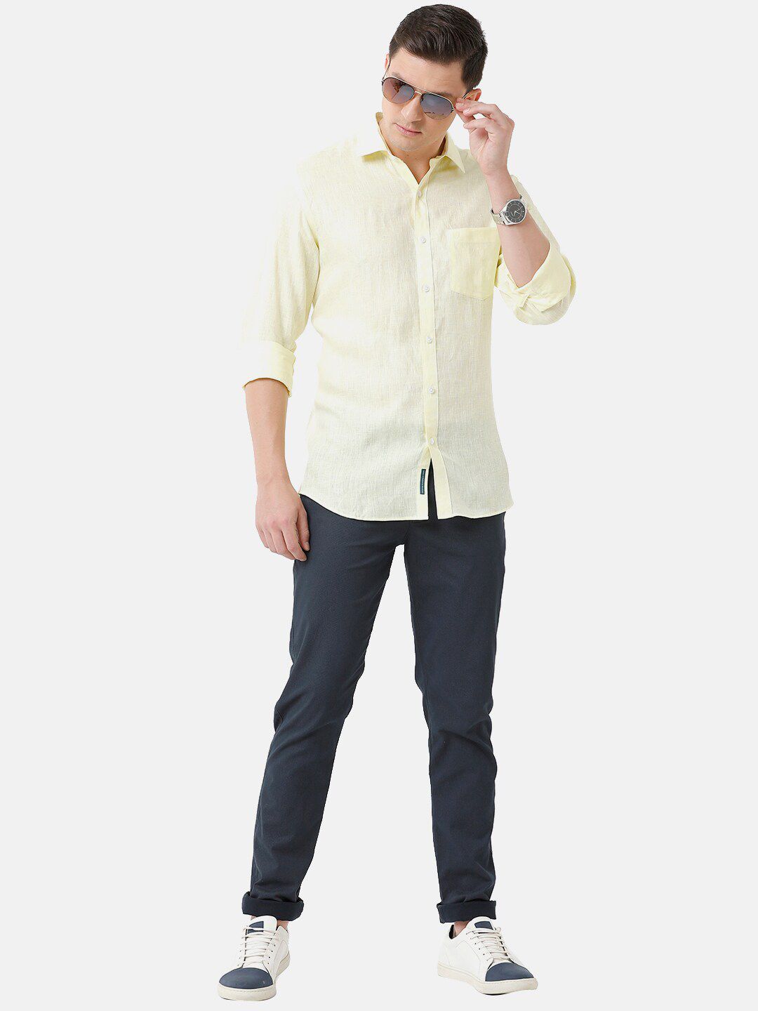 Linen Club Men's Pure Linen Light Yellow Solid Regular Fit Casual Shirt LCSFSDN010015