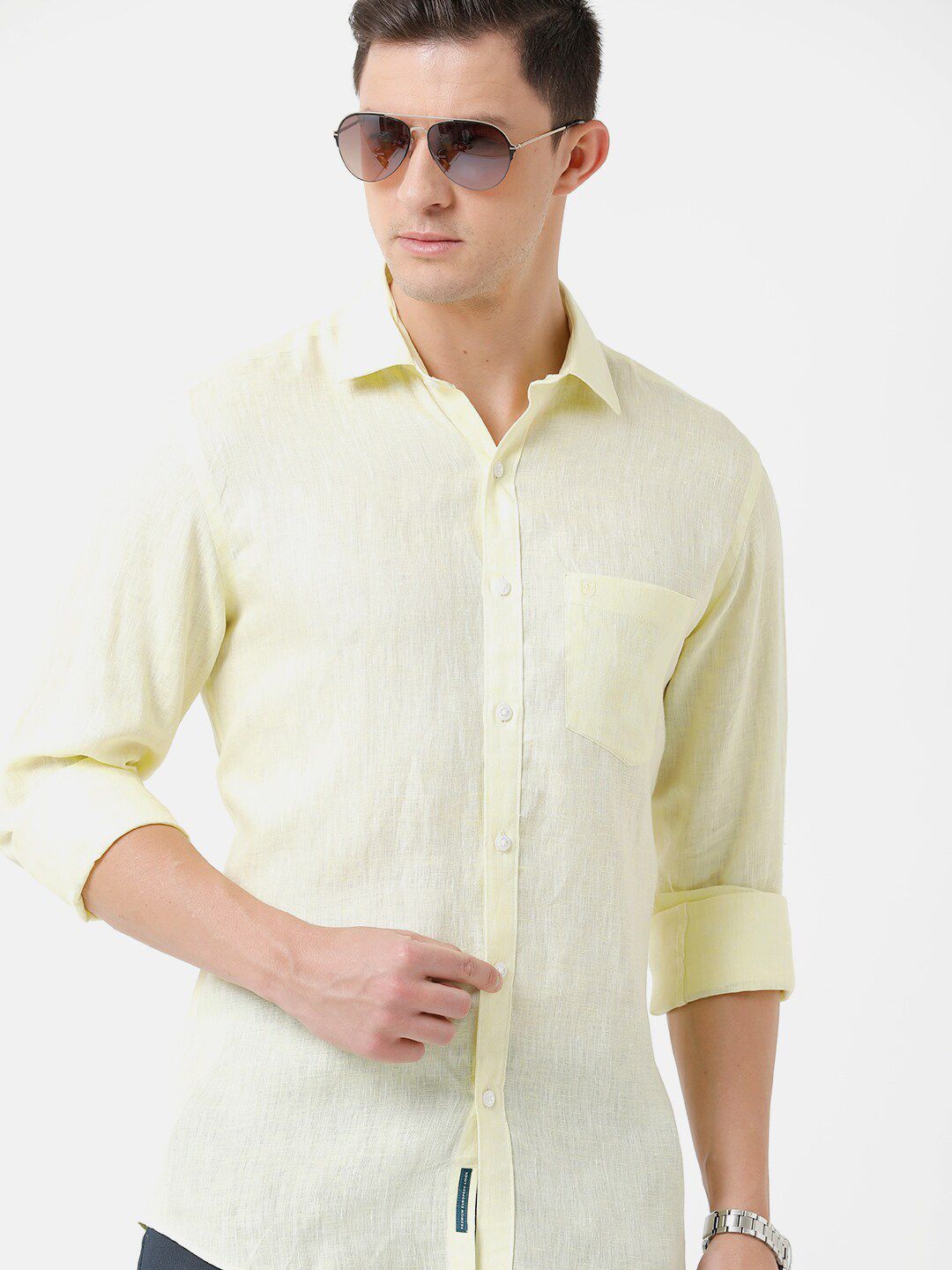 Linen Club Men's Pure Linen Light Yellow Solid Regular Fit Casual Shirt LCSFSDN010015