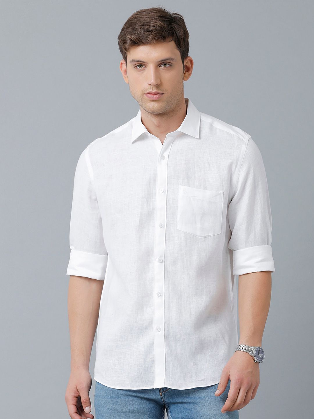 Linen Club Men's Pure Linen White Solid Regular Fit Casual Shirt LCSFSDN010029