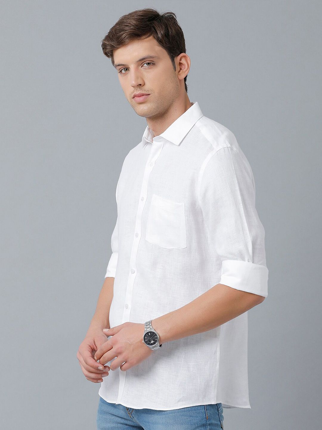 Linen Club Men's Pure Linen White Solid Regular Fit Casual Shirt LCSFSDN010029