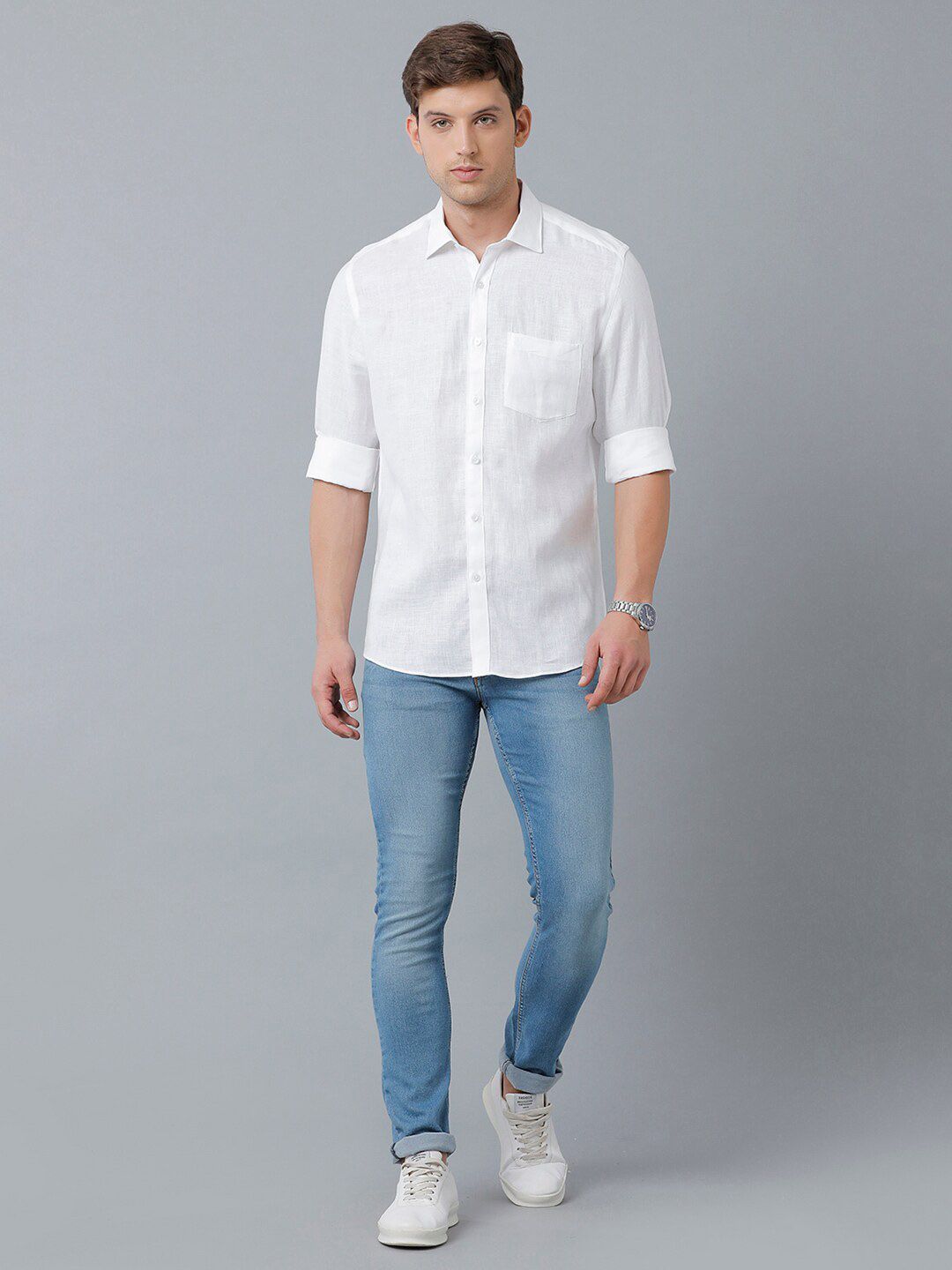 Linen Club Men's Pure Linen White Solid Regular Fit Casual Shirt LCSFSDN010029