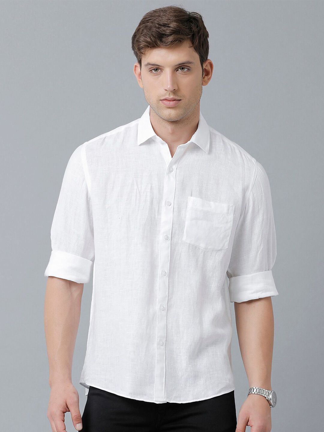 Linen Club Men's Pure Linen White Solid Regular Fit Casual Shirt LCSFSDN010031
