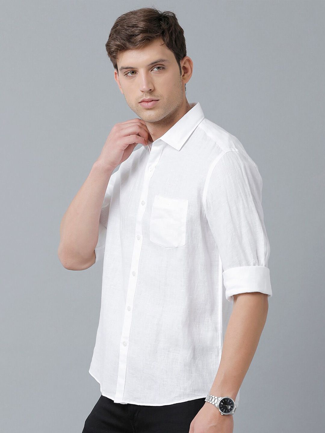 Linen Club Men's Pure Linen White Solid Regular Fit Casual Shirt LCSFSDN010031