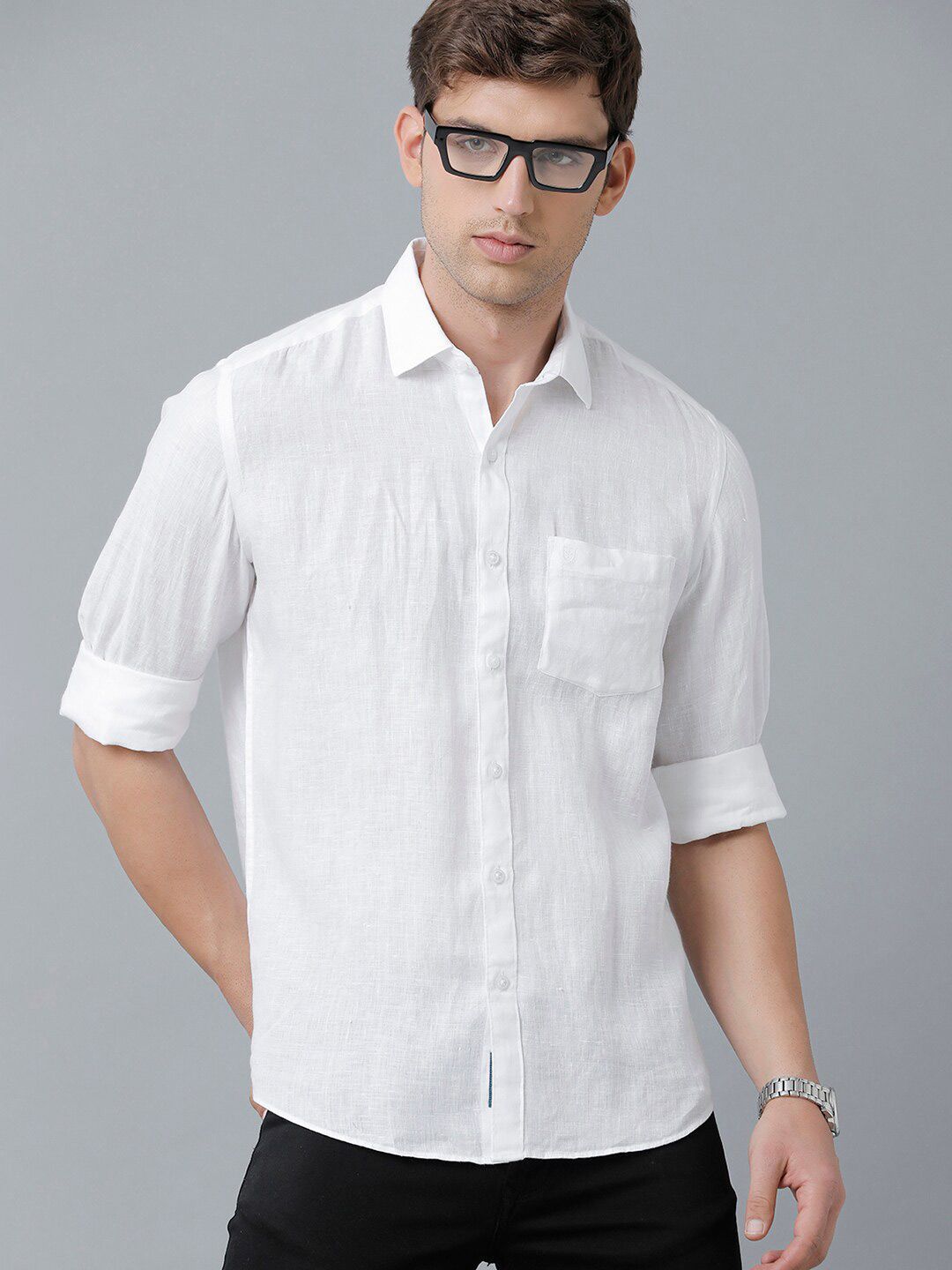Linen Club Men's Pure Linen White Solid Regular Fit Casual Shirt LCSFSDN010031