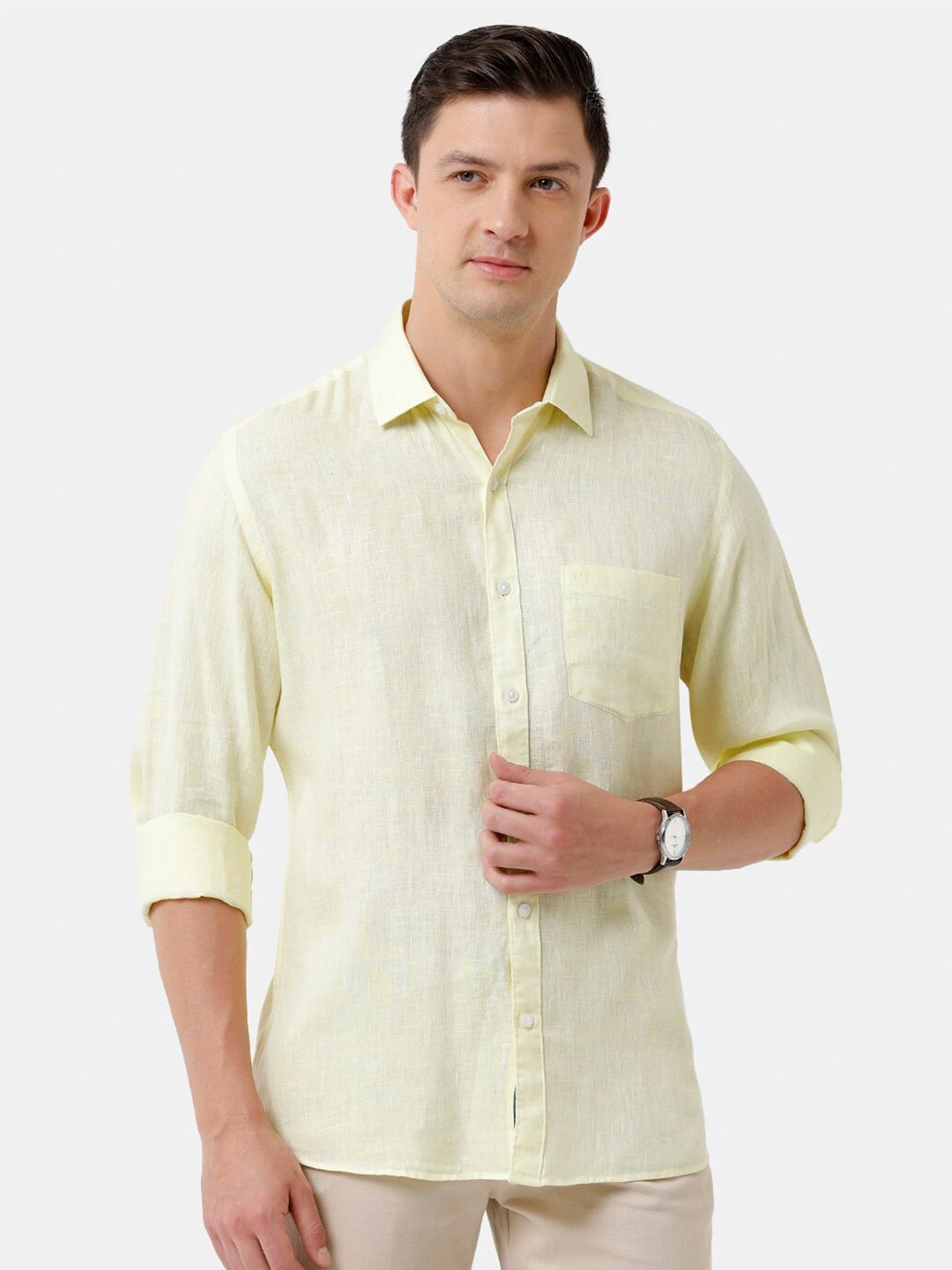Linen Club Men's Pure Linen Light Yellow Solid Regular Fit Casual Shirt LCSFSDN010039