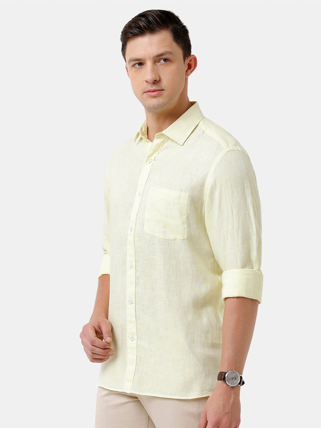 Linen Club Men's Pure Linen Light Yellow Solid Regular Fit Casual Shirt LCSFSDN010039