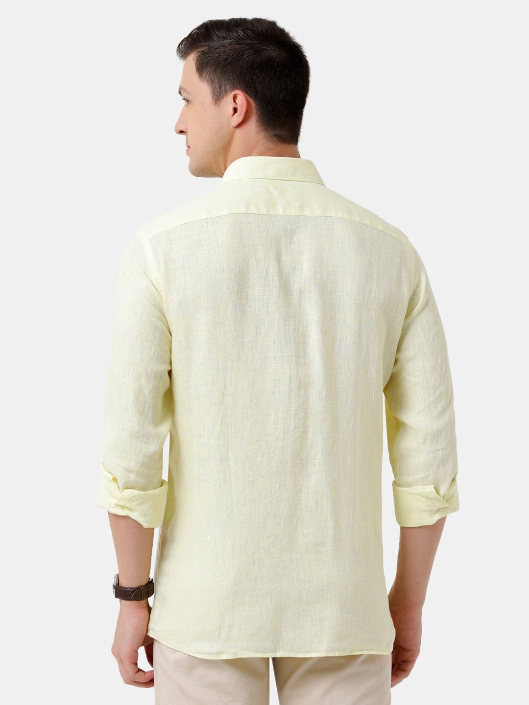 Linen Club Men's Pure Linen Light Yellow Solid Regular Fit Casual Shirt LCSFSDN010039