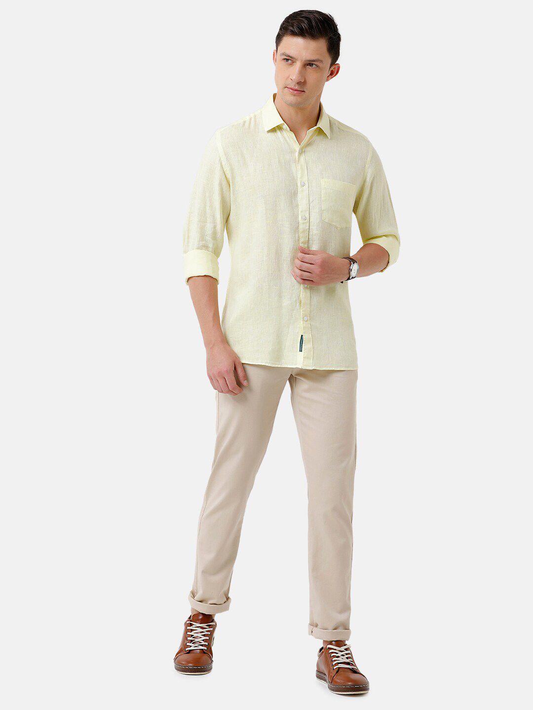 Linen Club Men's Pure Linen Light Yellow Solid Regular Fit Casual Shirt LCSFSDN010039