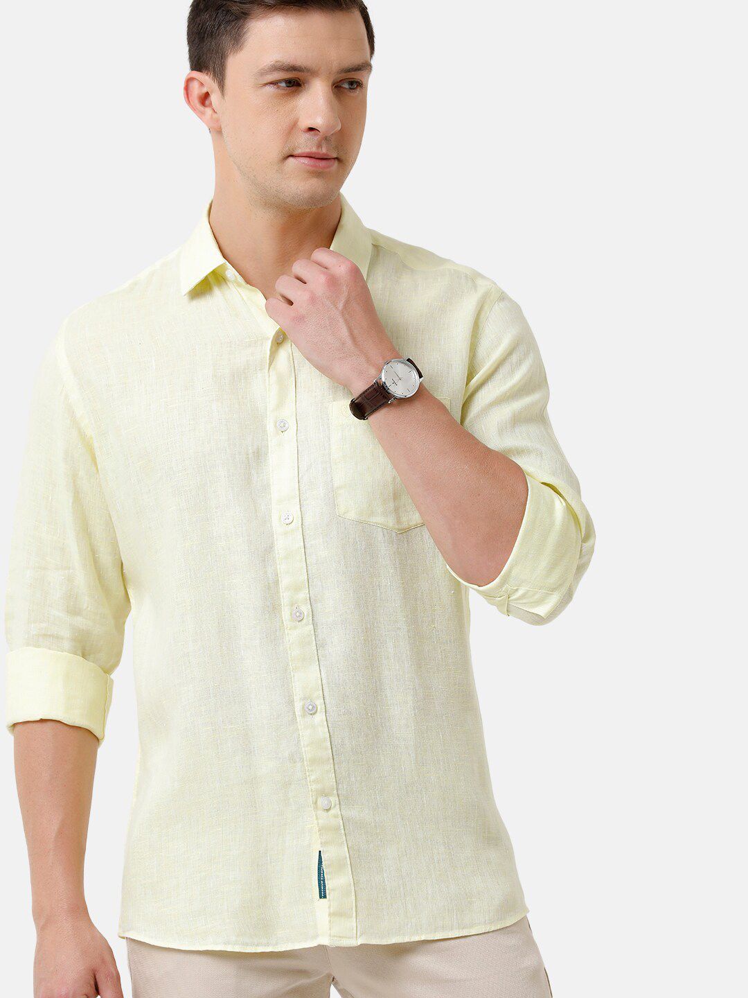 Linen Club Men's Pure Linen Light Yellow Solid Regular Fit Casual Shirt LCSFSDN010039