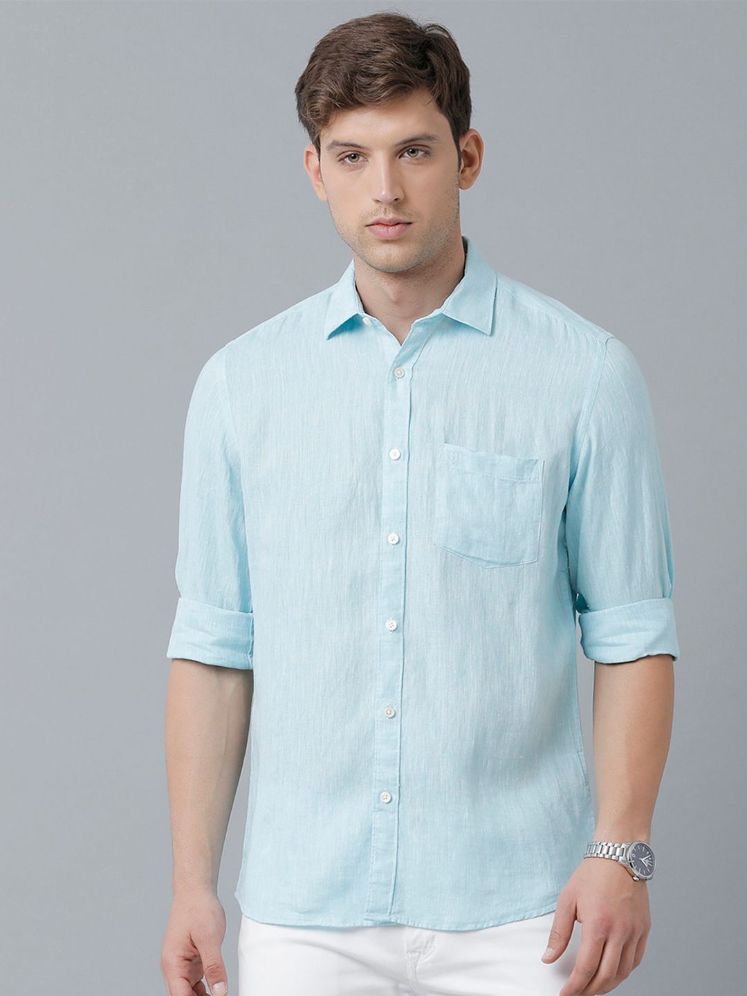 Linen Club Men's Pure Linen Turquoise Blue Solid Regular Fit Casual Shirt LCSFSDN010043