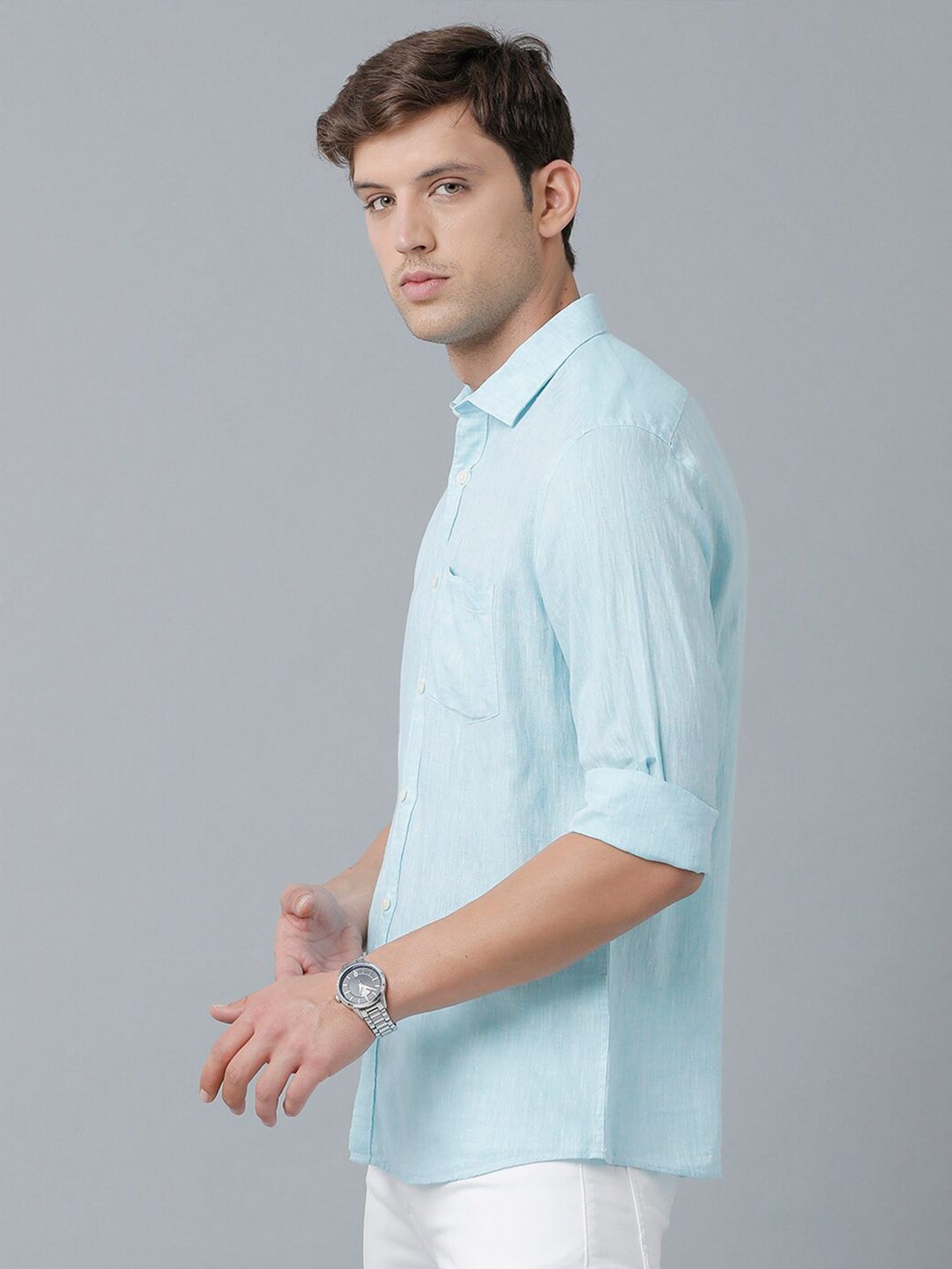 Linen Club Men's Pure Linen Turquoise Blue Solid Regular Fit Casual Shirt LCSFSDN010043